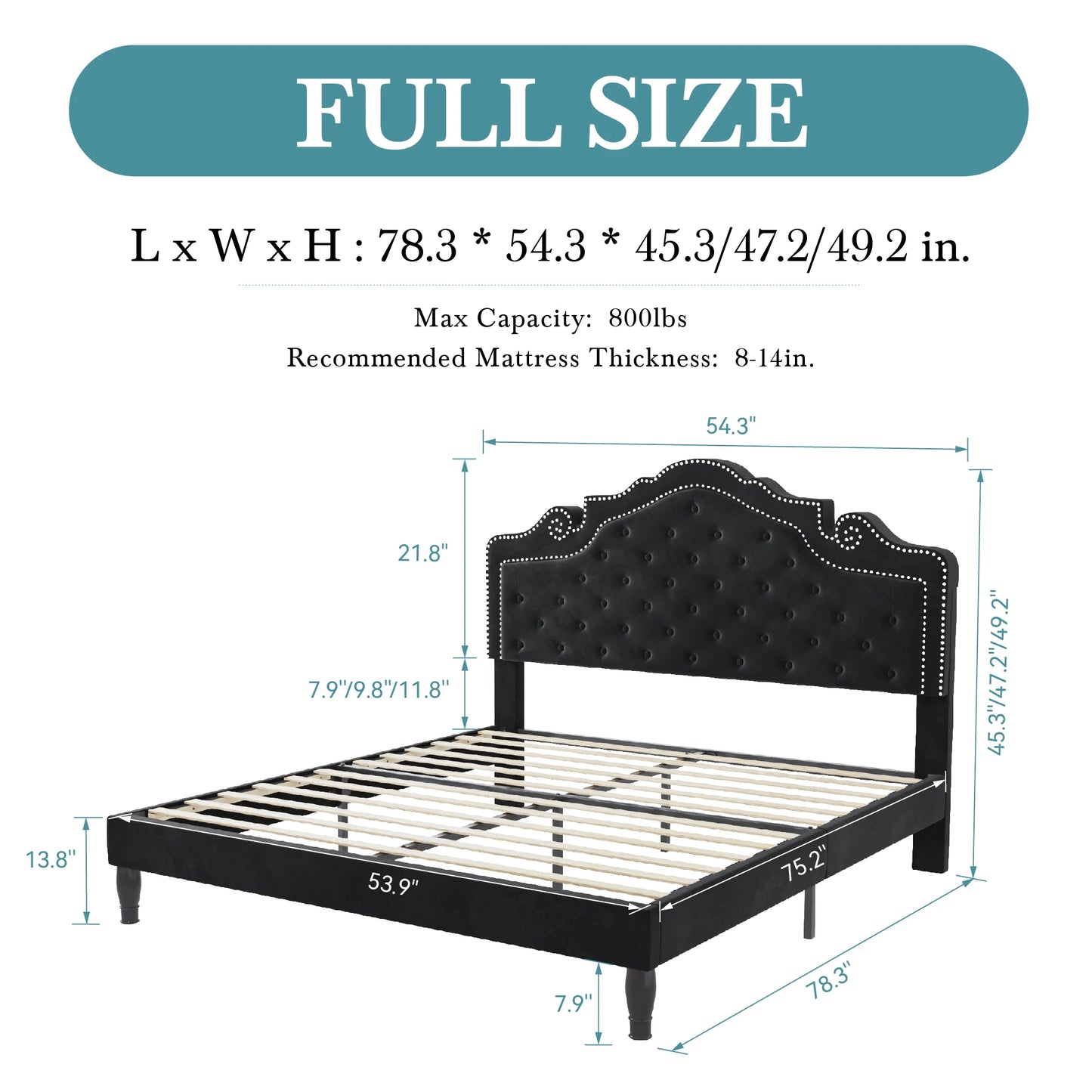 HOOMIC Velvet Tiara Headboard Bed Frame With Diamond Button Tufted Platform