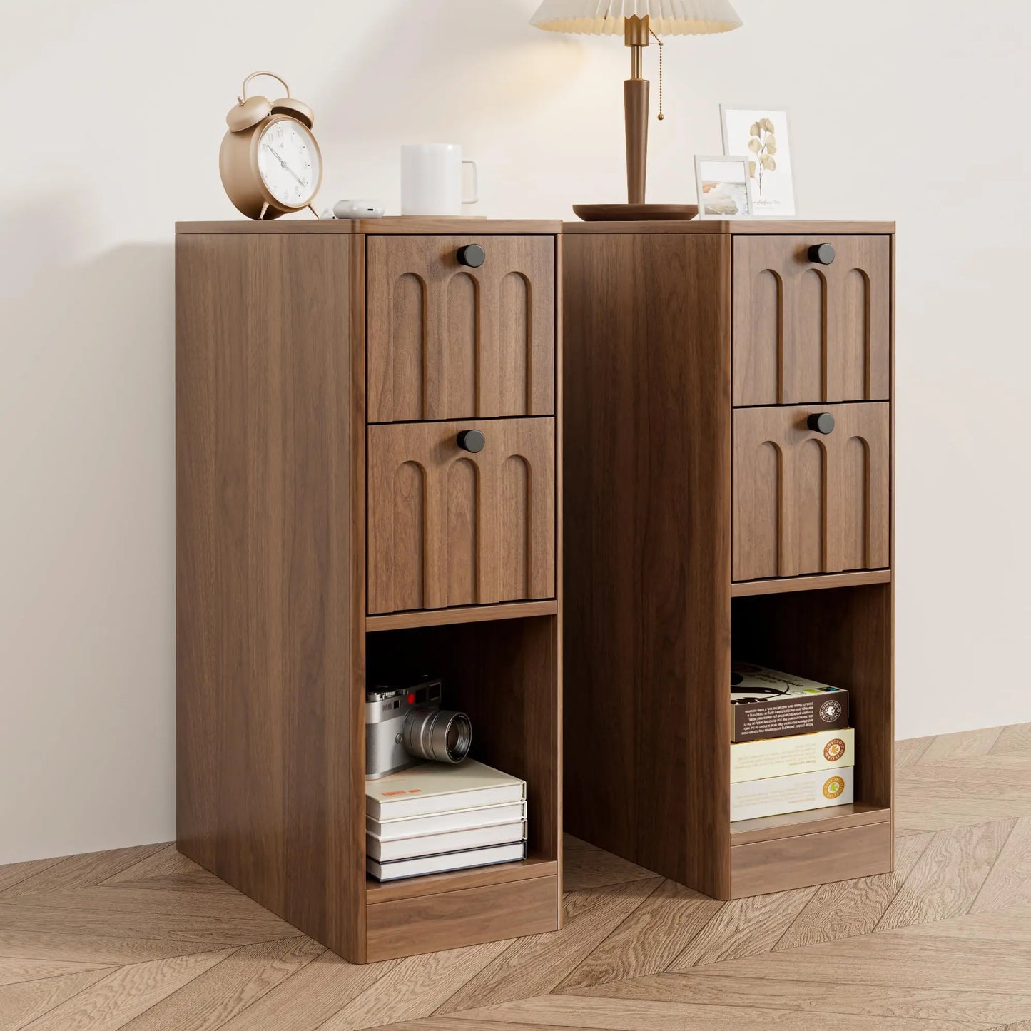 Jluomei Narrow Fluted Wooden Nightstand Two Drawer Bedside Table