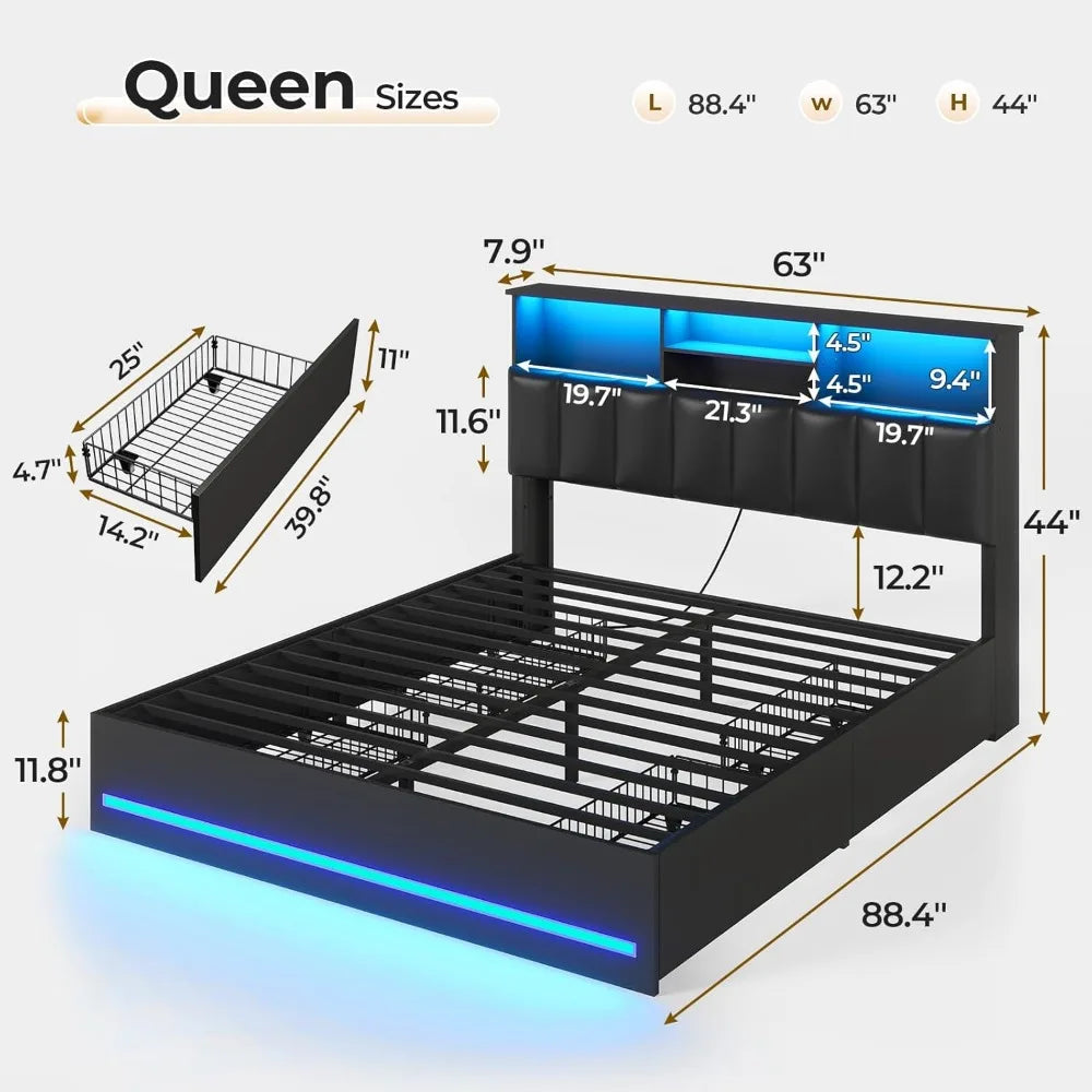 Bed Frame With Bookcase Headboard LED Lights And Charging Station
