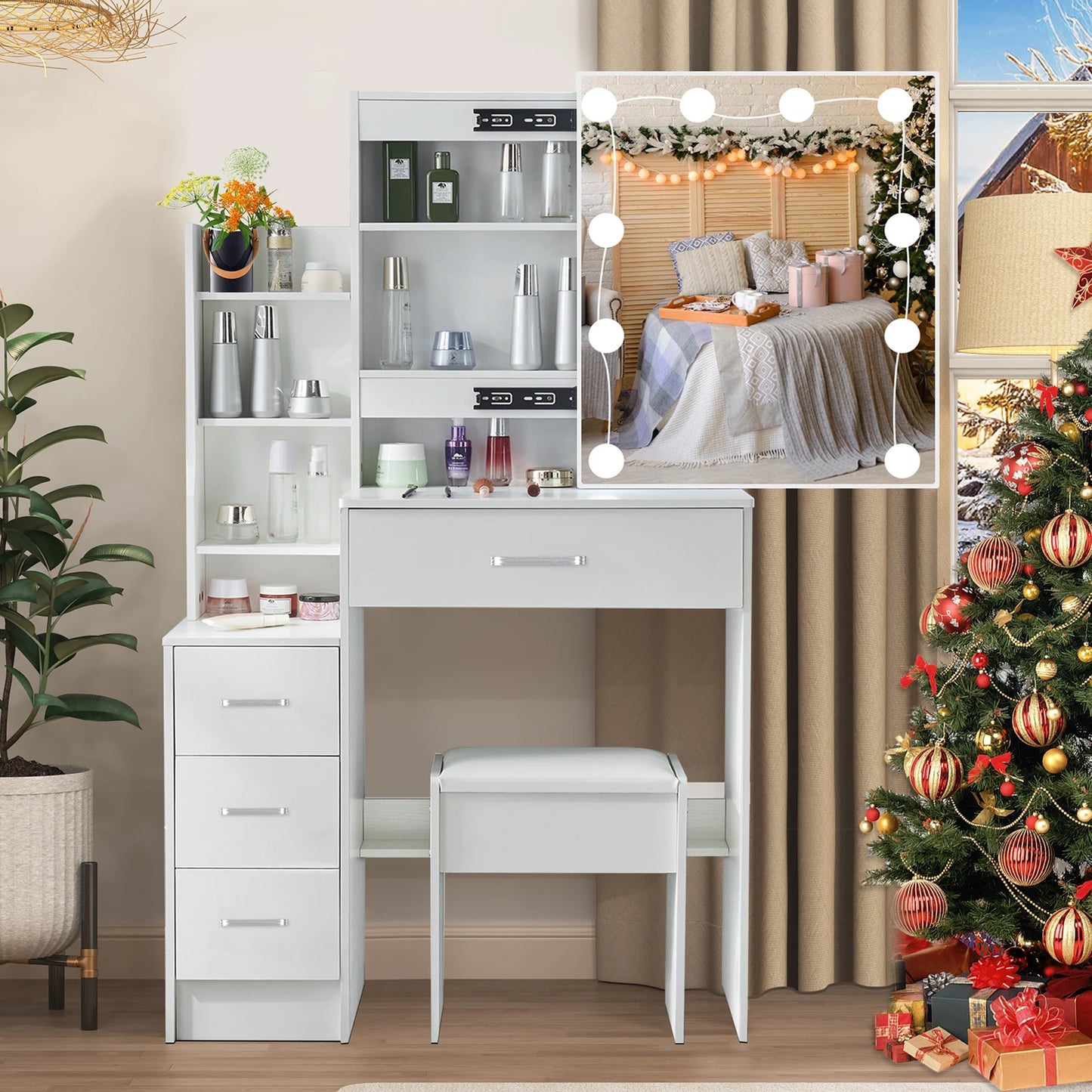 Yamissi LED Vanity Table With Sliding Mirror 4 Drawer Desk