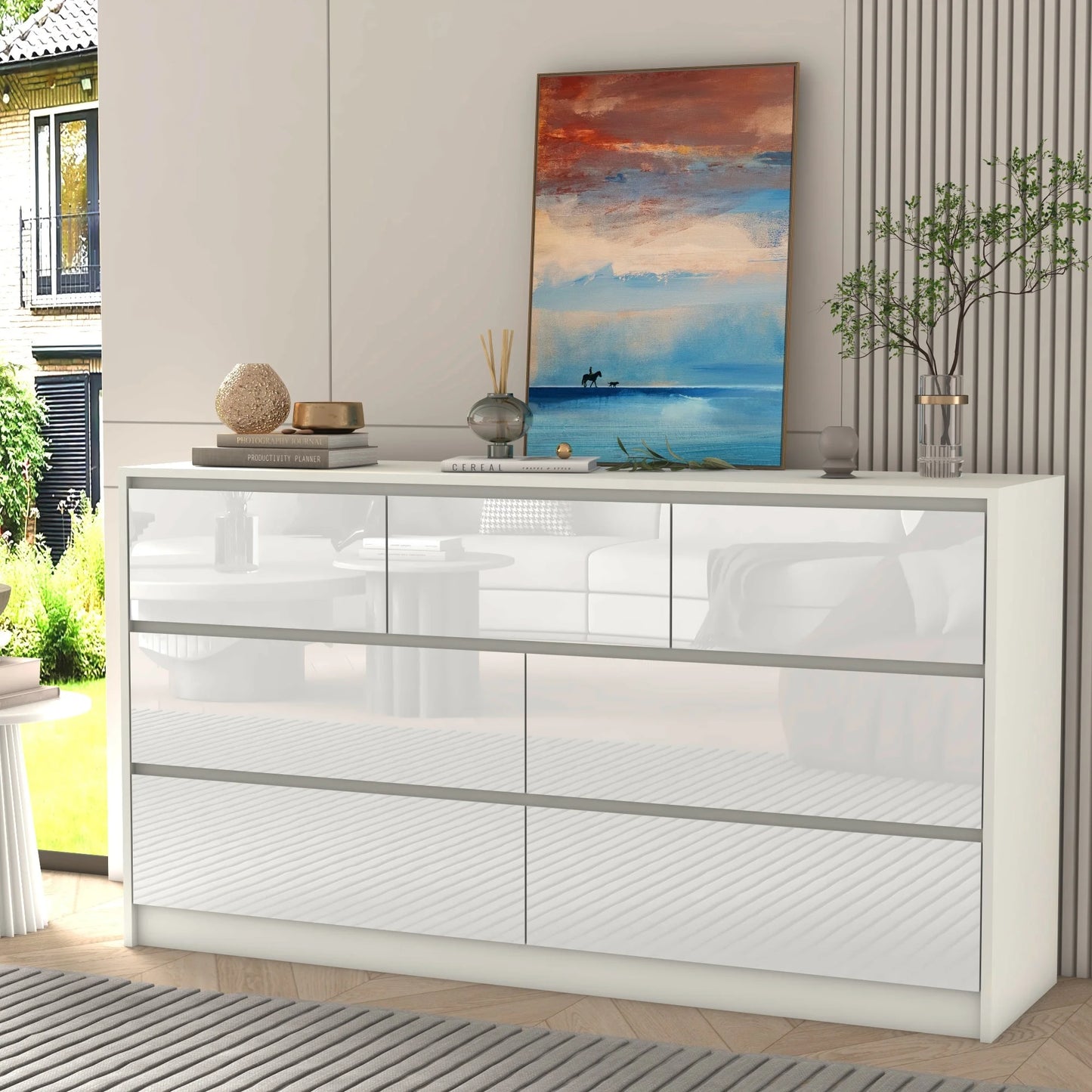 QiaoShiRen 7-Drawer Dresser Modern Wood Chest With High Gloss Drawers
