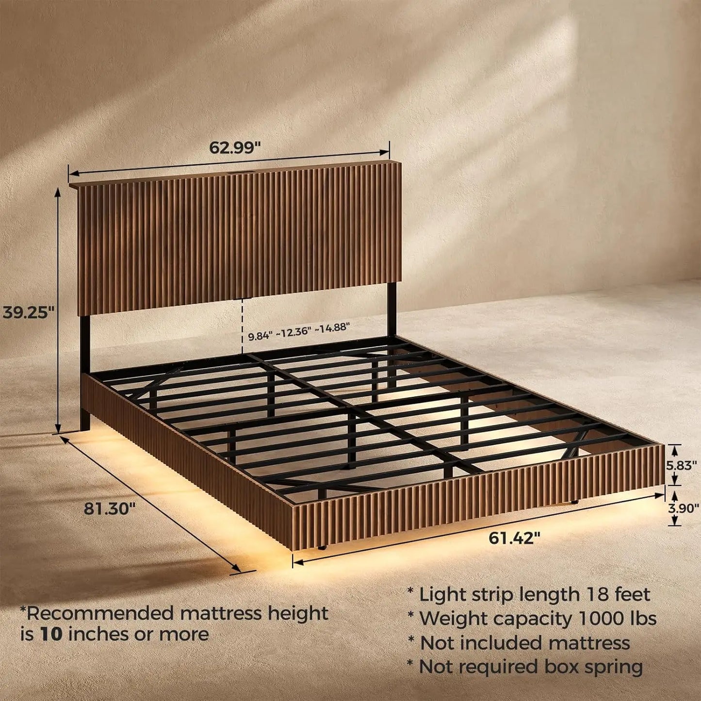 Walnut Floating Bed Frame With Headboard And LED Lights