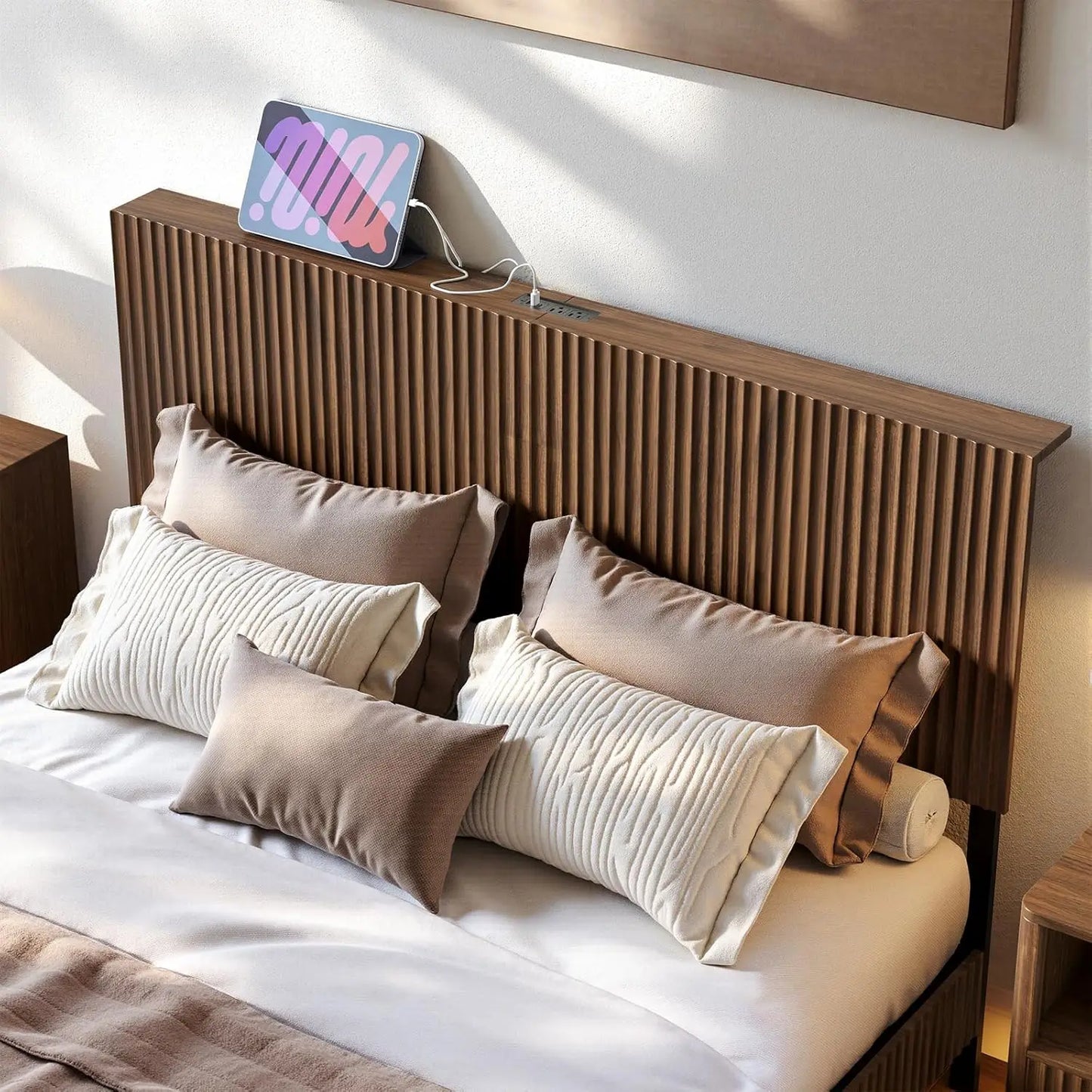 Walnut Floating Bed Frame With Headboard And LED Lights