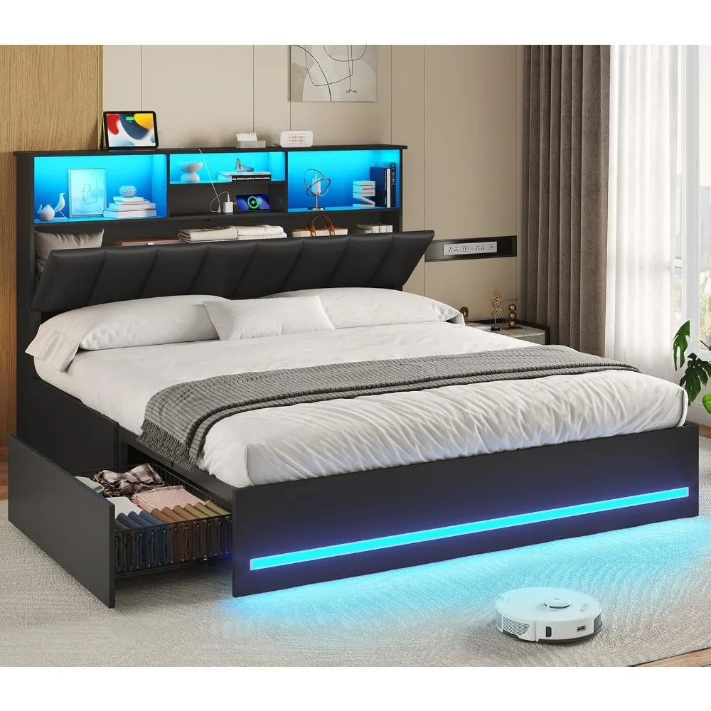 Bed Frame With Bookcase Headboard LED Lights And Charging Station