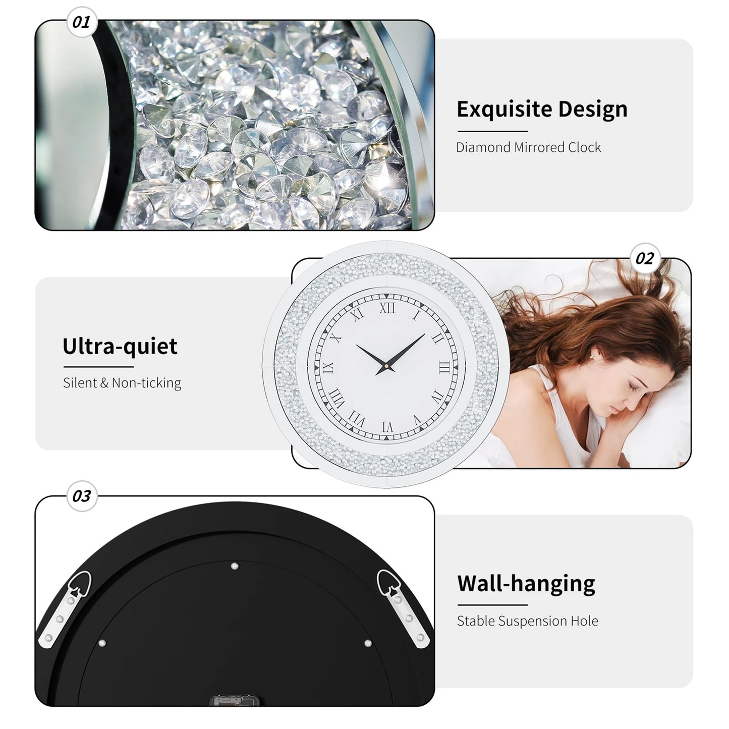 Round Mirror Clock With Crystal Sparkle Accents For Wall Decor