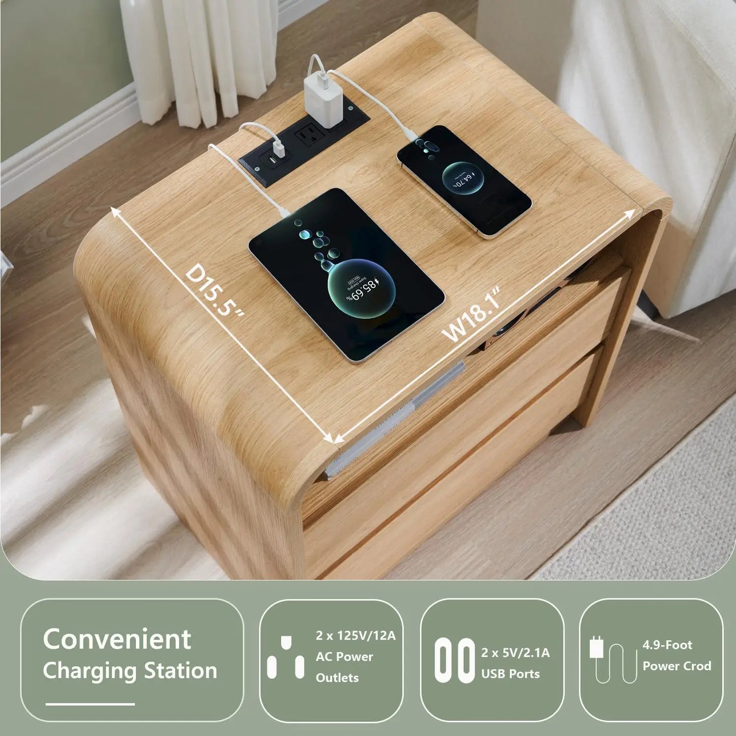 Modern Nightstands Set of 2 With Storage Drawers and Charging Station