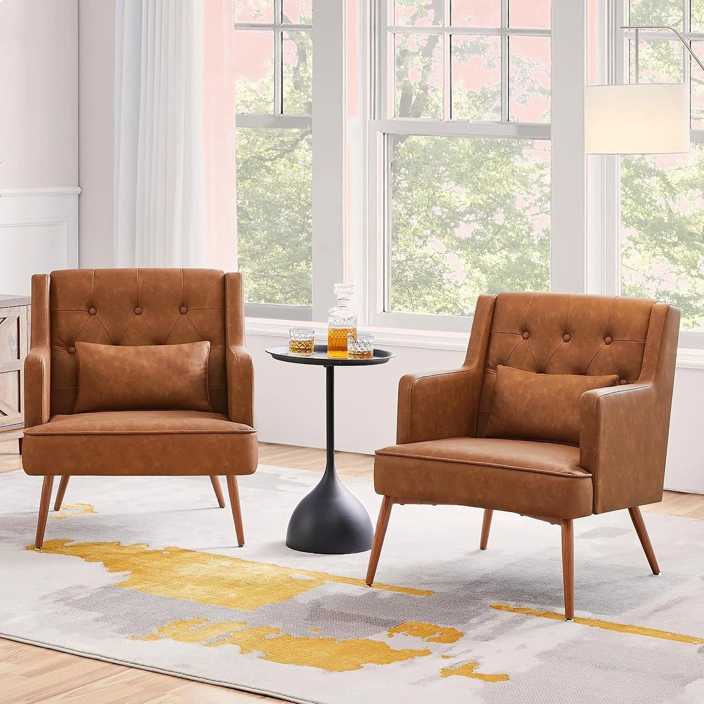 2PCS Mid Century PU Leather Accent Chair with Lumbar Pillow, Comfy Upholstered Armchair for Living Room Bedroom Brown