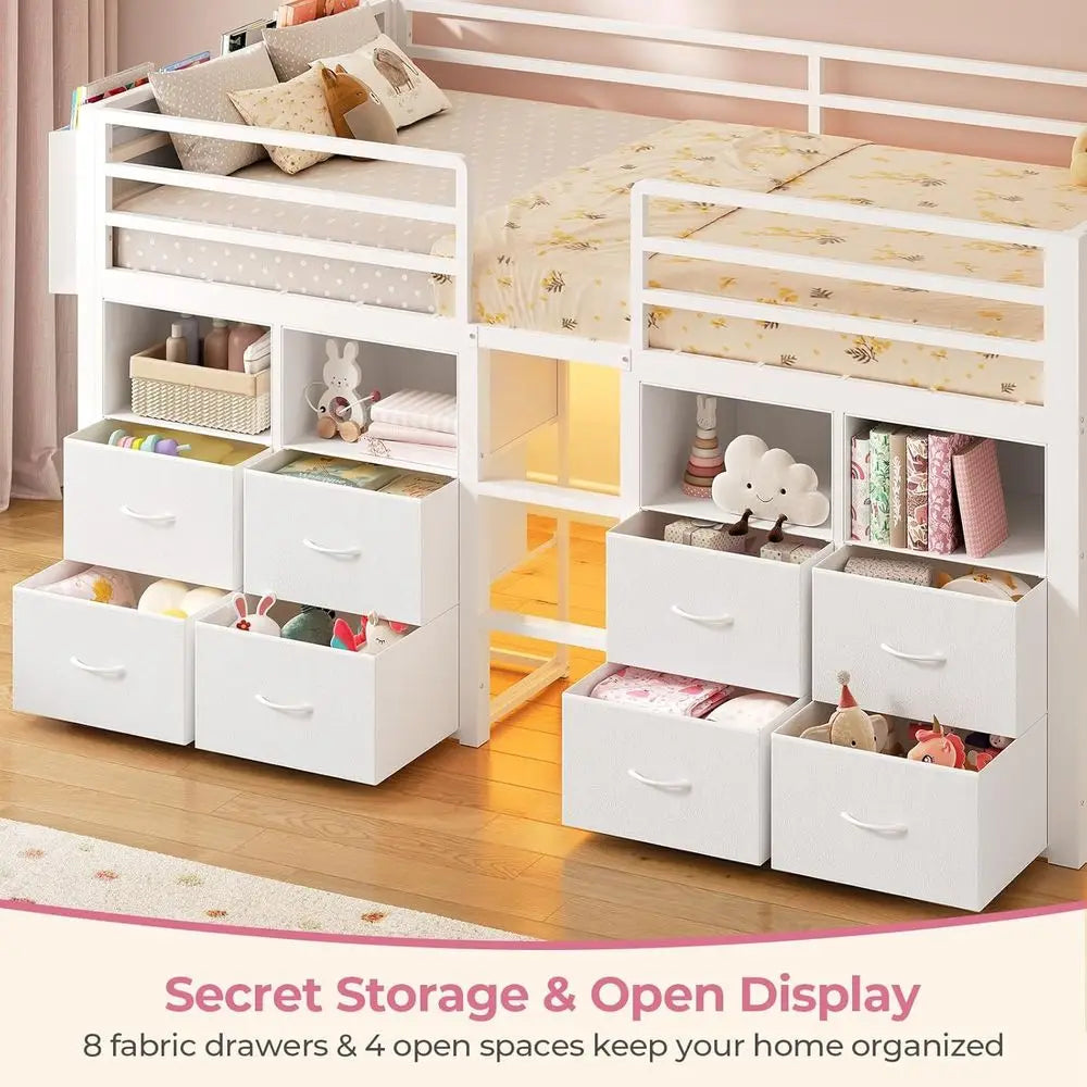 Storage Bed With 8 Drawers, Bookcase, LED Lights, Safety Rail