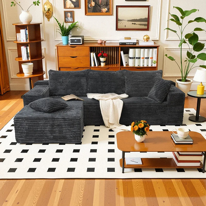 L Shaped Sofa Bed Convertible With Corduroy Fabric No Assembly