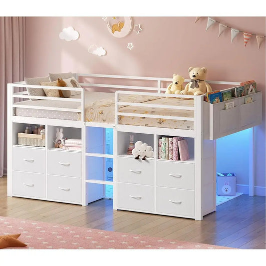 Storage Bed With 8 Drawers, Bookcase, LED Lights, Safety Rail