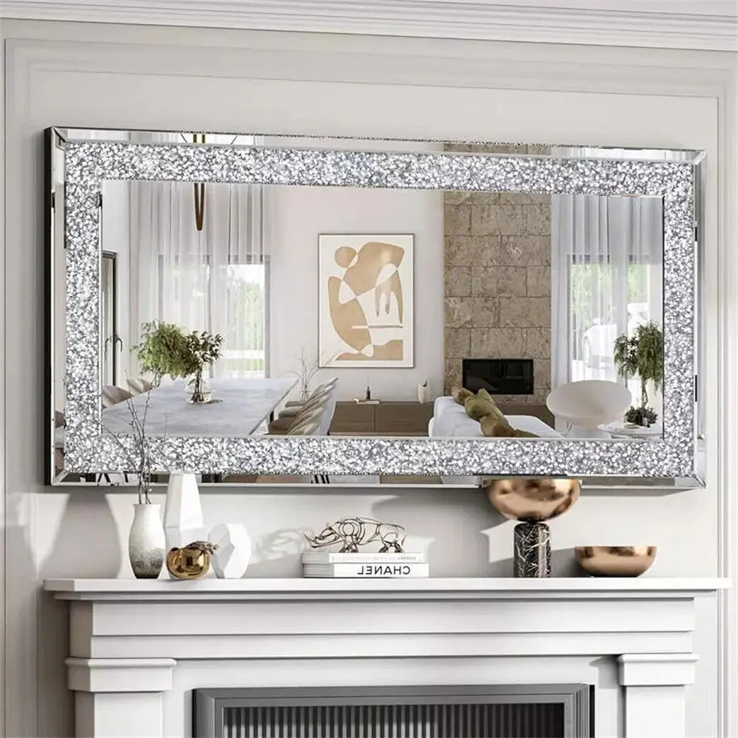 Crystal Crush Diamond Wall Mirror Rectangular Silver Frame For Bathroom