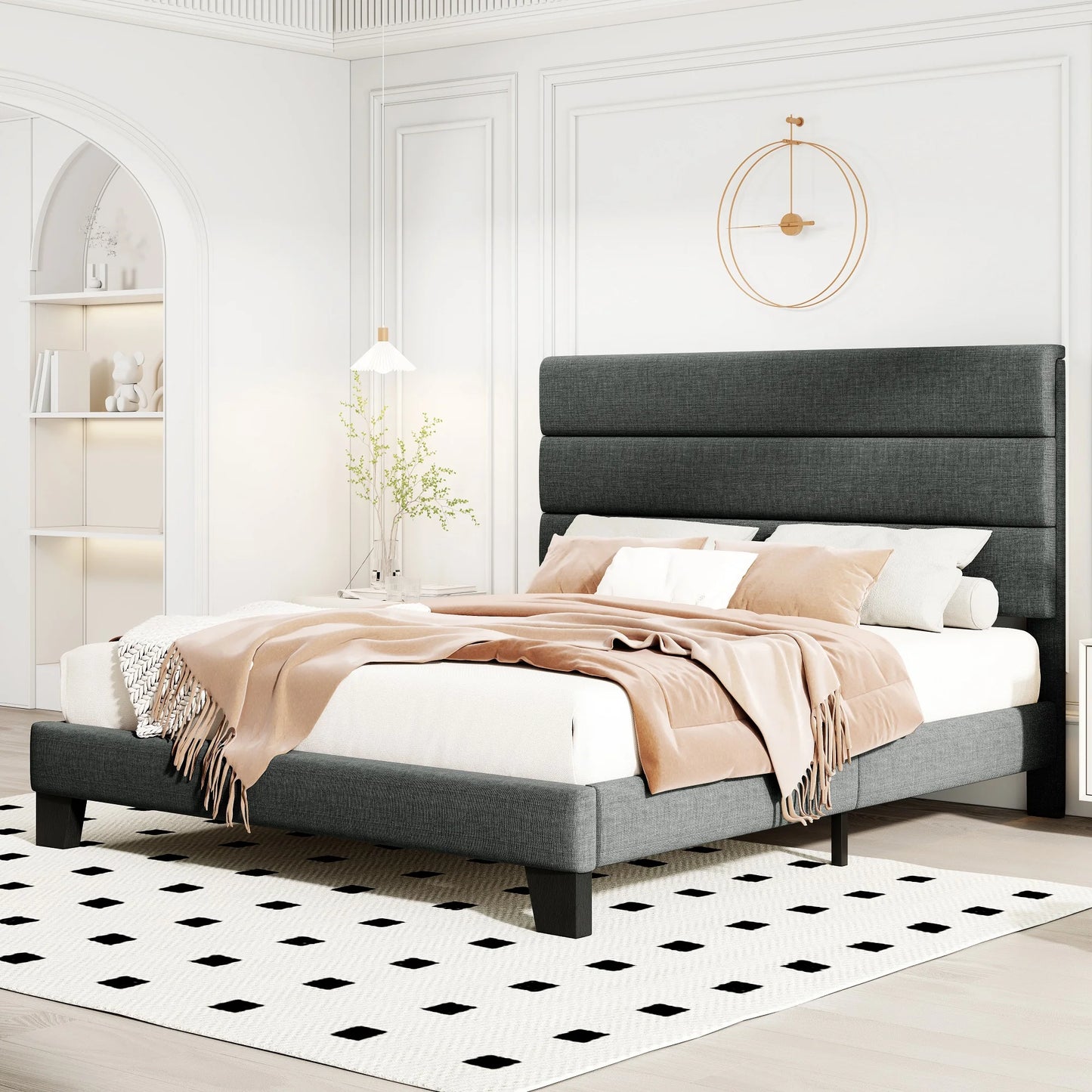 HOOMIC Bed Frame With Headboard Fabric Platform Bed With Slats