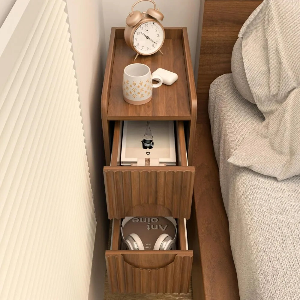 Jluomei Narrow Fluted Wooden Nightstand Two Drawer Bedside Table