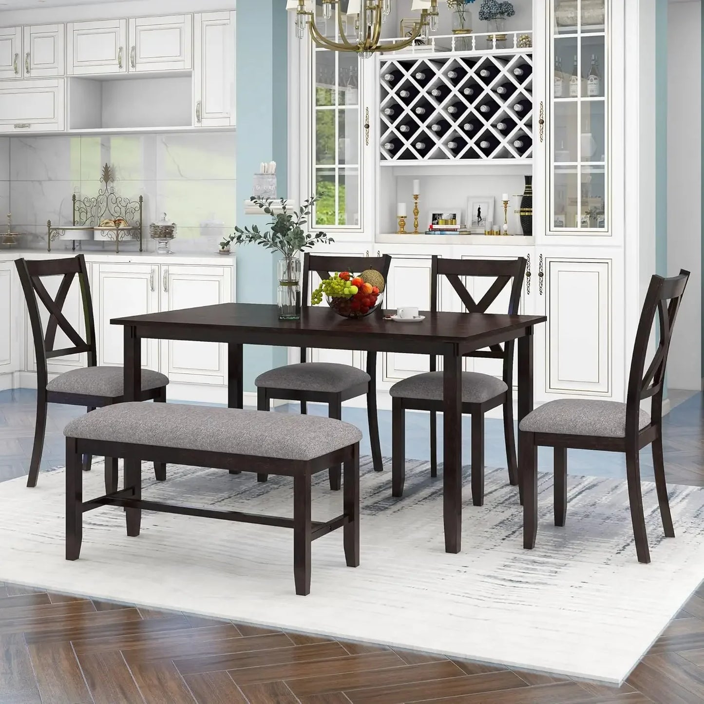 Solid Wood Dining Table Set for Six Bench and Chairs