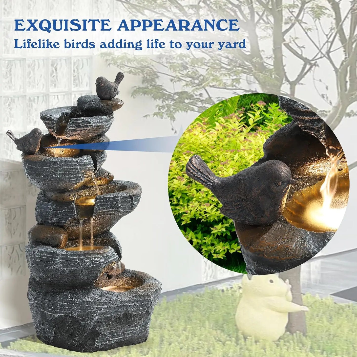 5-Tier Cascading Rock Water Fountain With LED Lights
