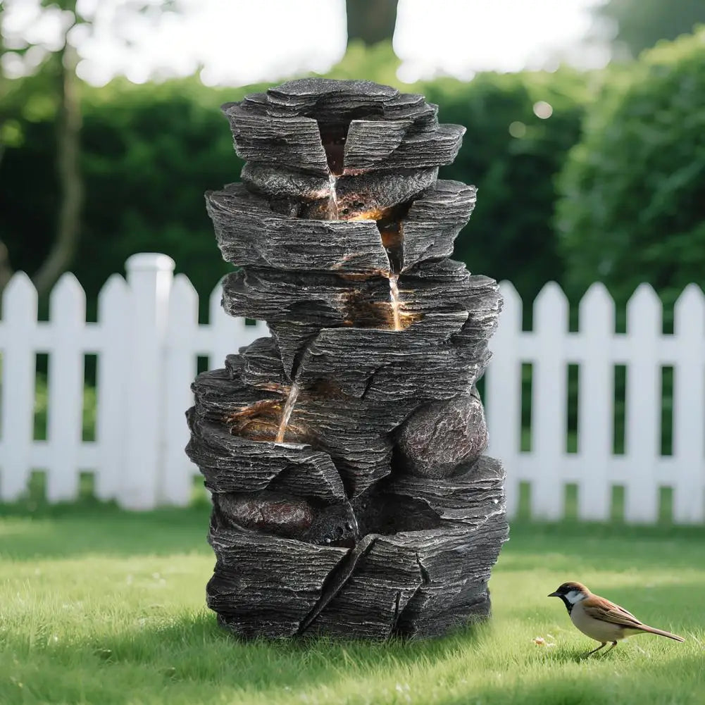 Cascading Rock Water Fountain With LED Outdoor Garden Decoration