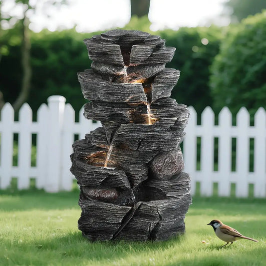 Cascading Rock Water Fountain With LED Outdoor Garden Decoration