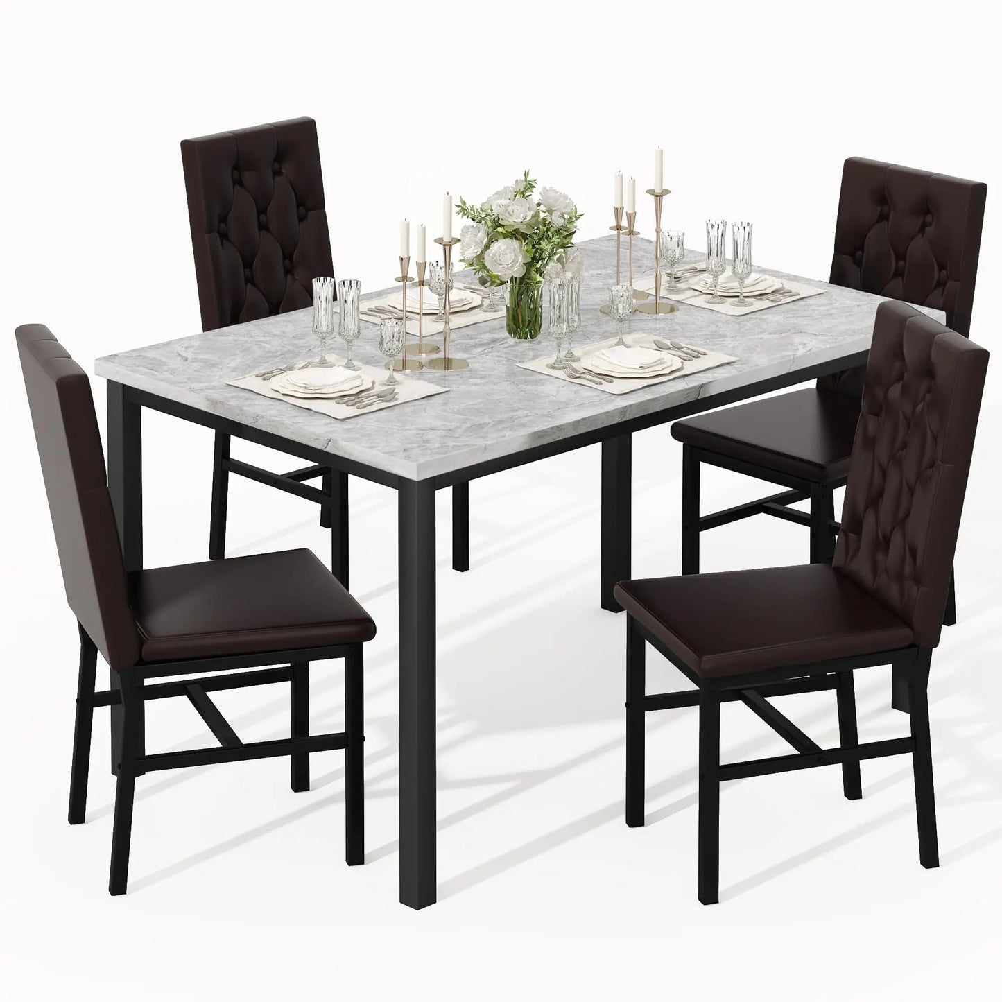 Hooseng Faux Marble Dining Table Set For 4 Tufted Chairs