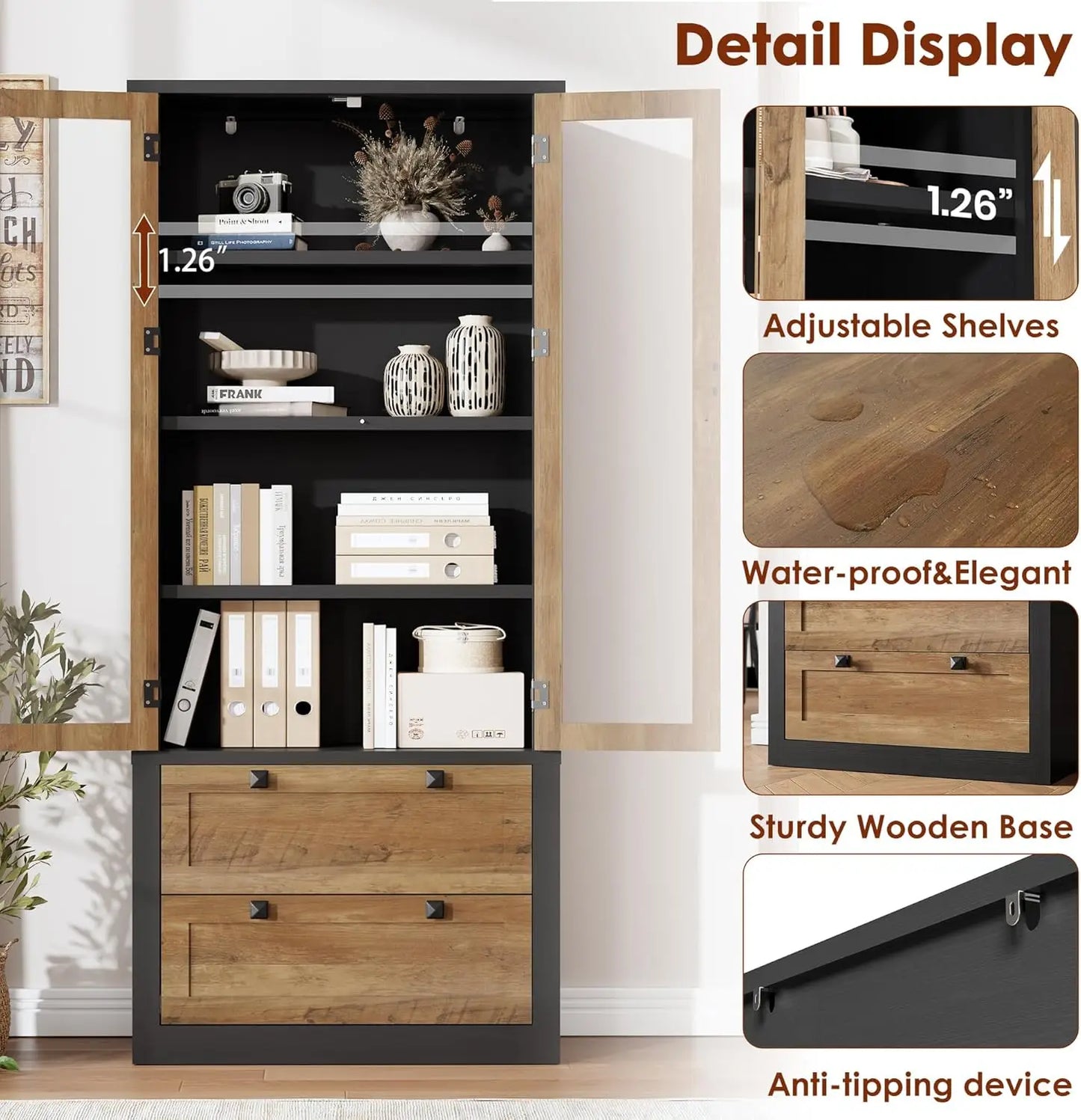 Modern Kitchen Pantry Cabinet with Glass Doors,72" Tall 2 Large Drawers,Adjustable Shelves,Durable MDF Storage Sideboard