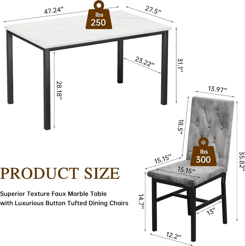 Hooseng Faux Marble Dining Table Set For 4 Tufted Chairs