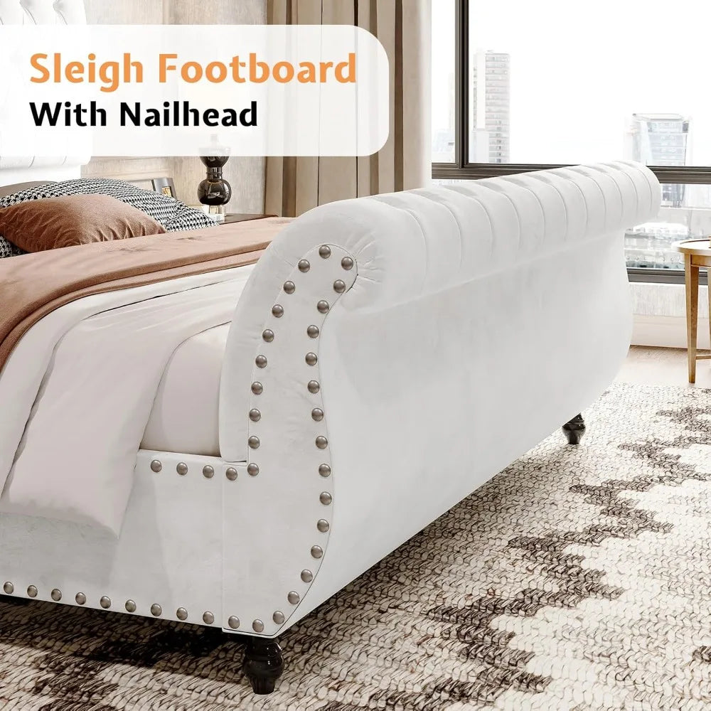 Velvet Upholstered Queen Bed Frame With Tufted Headboard And Footboard