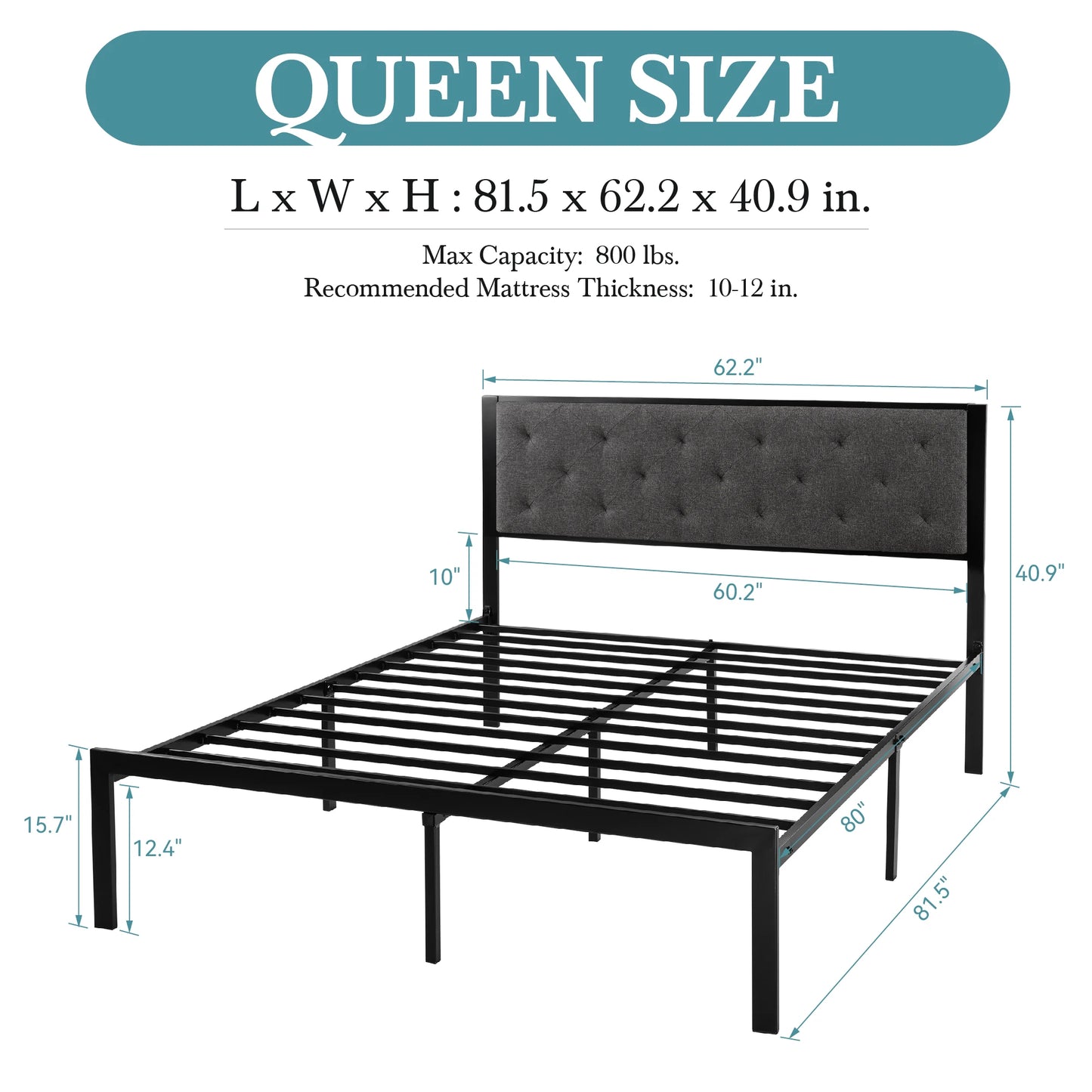 HOOMIC Metal Bed Frame With Upholstered Headboard Linen Fabric