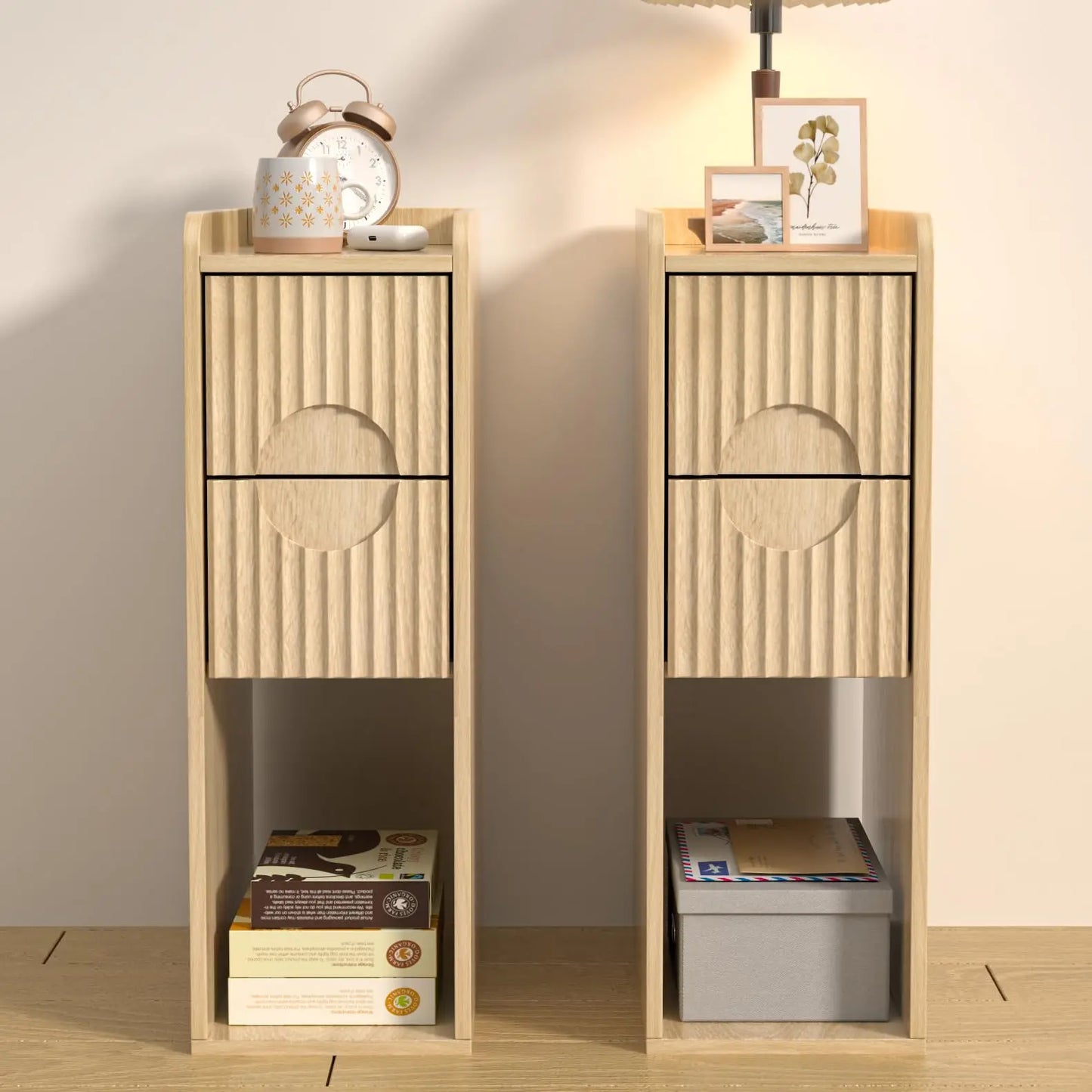 Jluomei Narrow Fluted Wooden Nightstand Two Drawer Bedside Table