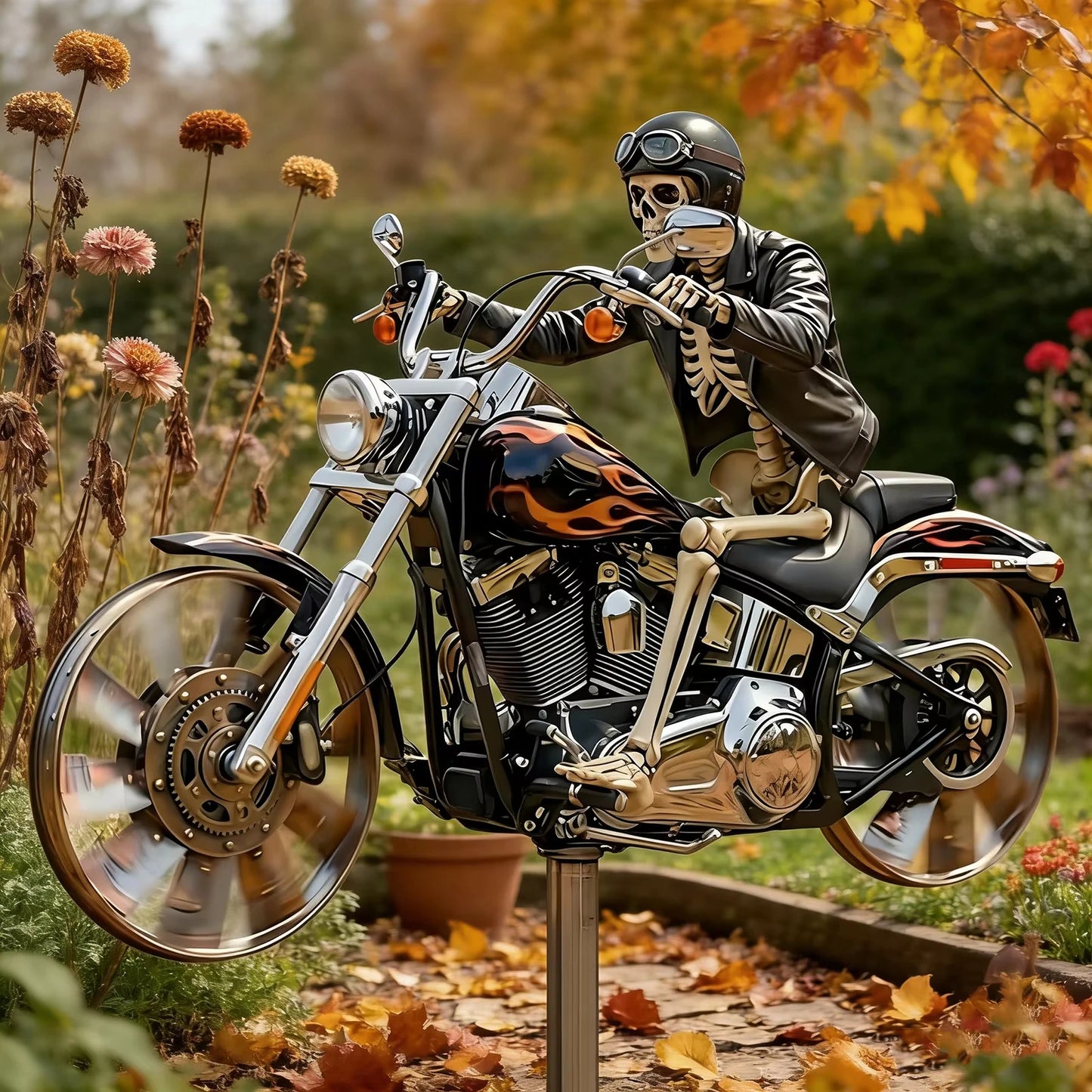 Skeleton Biker Wind Spinner With Rotating Wheel Metal Pinwheel Outdoor Decor