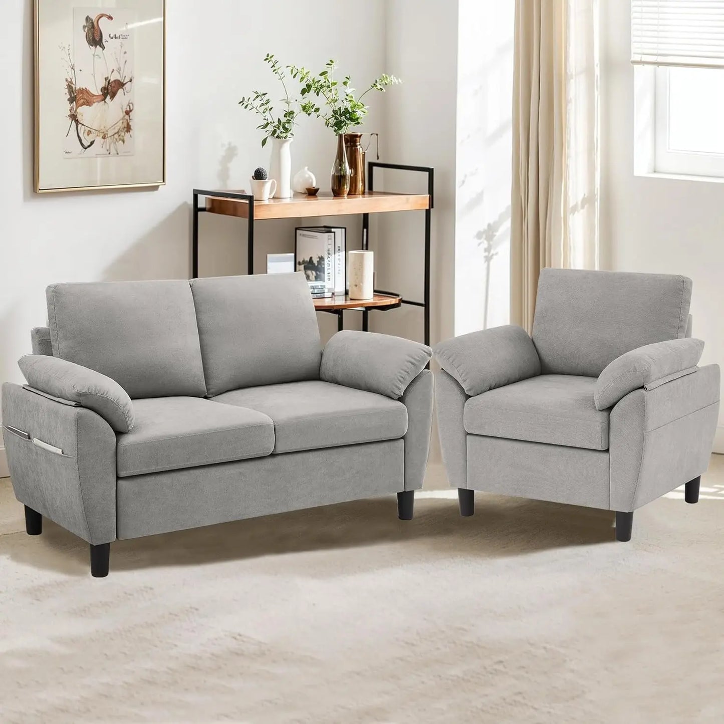 Two-Piece Linen Sectional Loveseat And Chair Set For Living Room