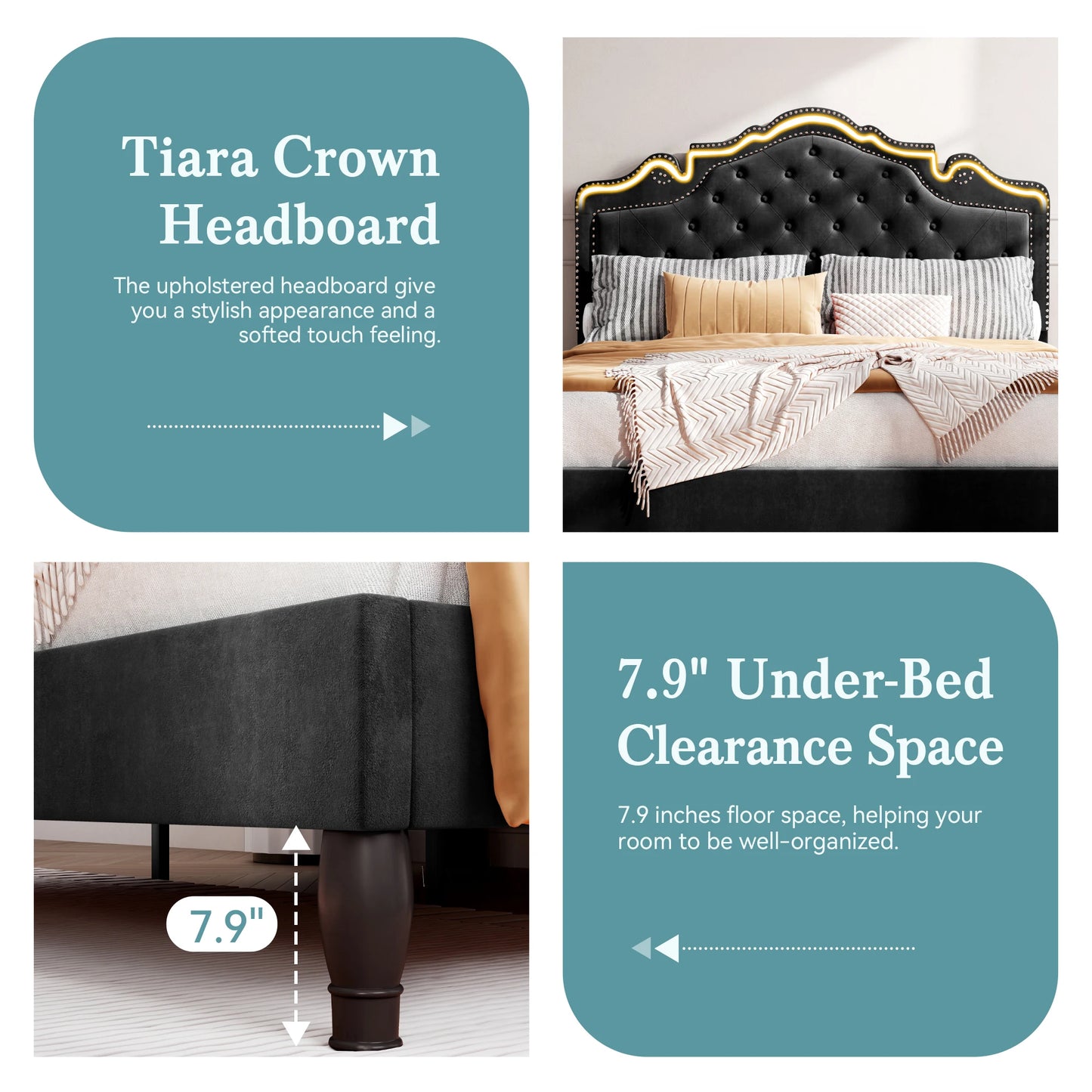 HOOMIC Velvet Tiara Headboard Bed Frame With Diamond Button Tufted Platform