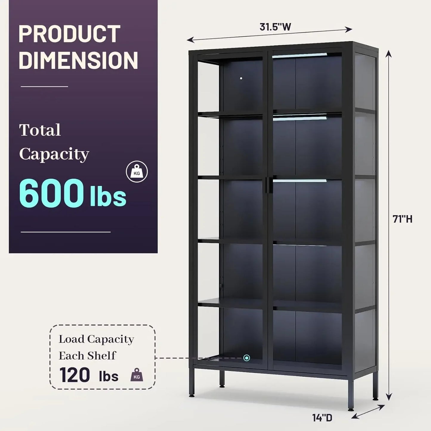 Glass Display Cabinet With LED Lights And Adjustable Shelves