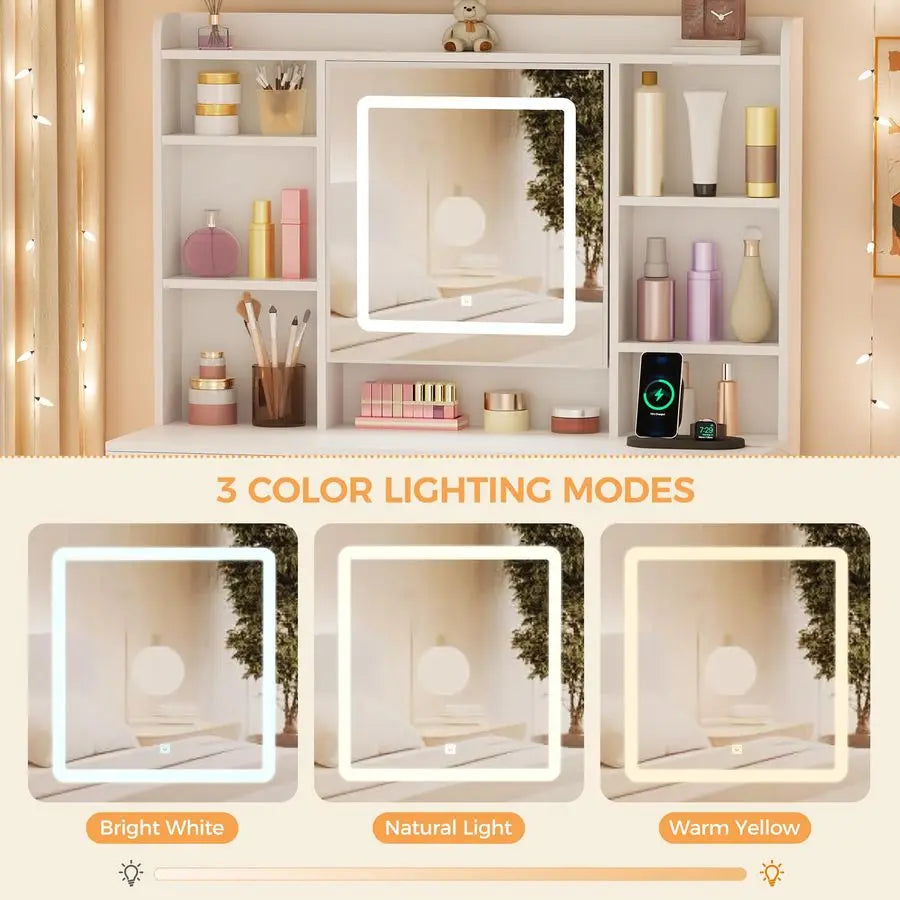 Makeup Vanity Desk With Mirror Lights And Hidden Jewelry Storage