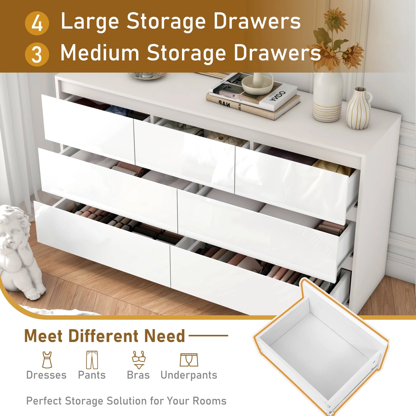 QiaoShiRen 7-Drawer Dresser Modern Wood Chest With High Gloss Drawers