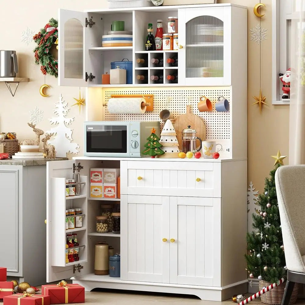 68 Kitchen Pantry Cabinet with Microwave Shelf, Door Storage, LED Lighting, and Wine Rack