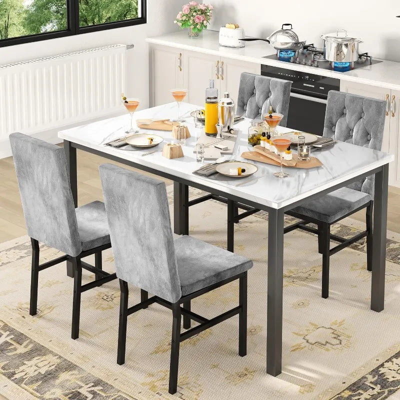 Hooseng Faux Marble Dining Table Set For 4 Tufted Chairs