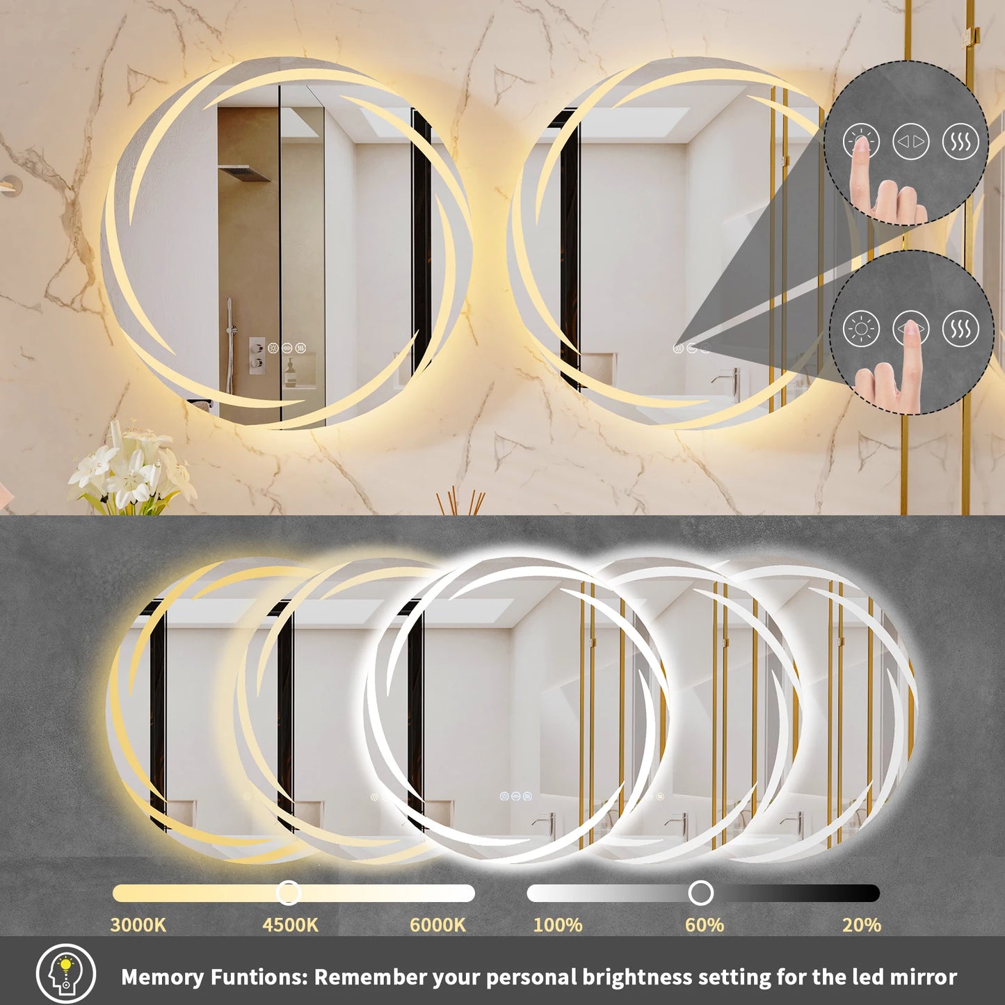Antifog LED Circle Backlit Bathroom Mirror Wall Mount Vanity Shatterproof
