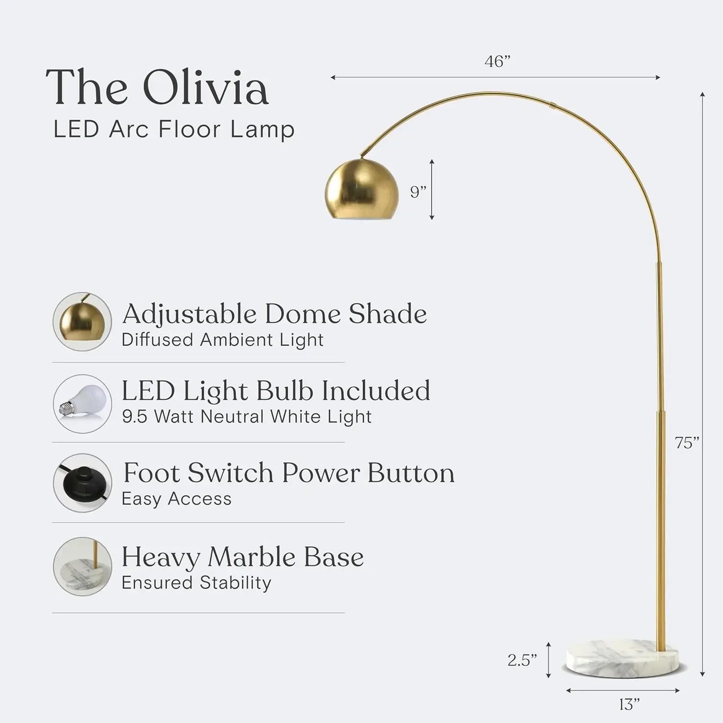 Brightech Olivia Arc Floor Lamp LED Light For Living Rooms