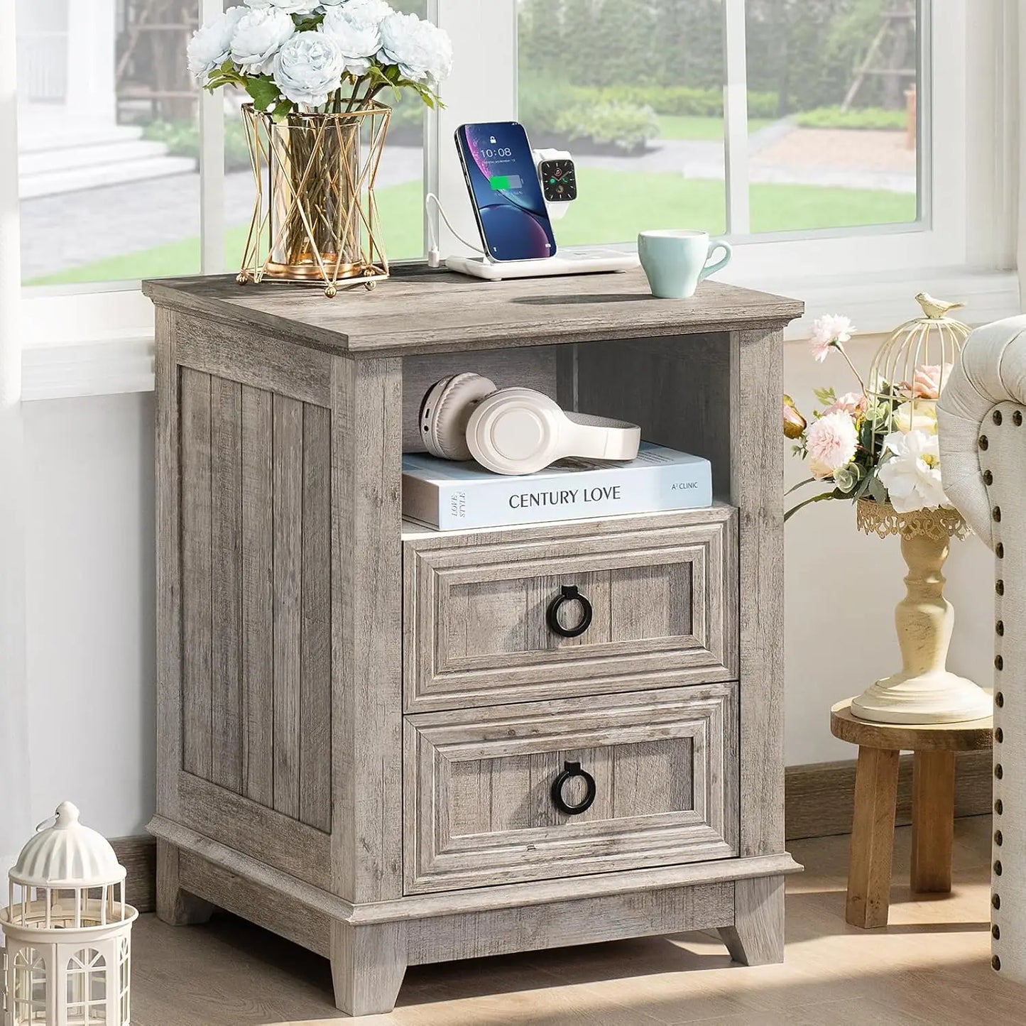 Farmhouse Night Stands Set 2 With Charging Station And Drawers