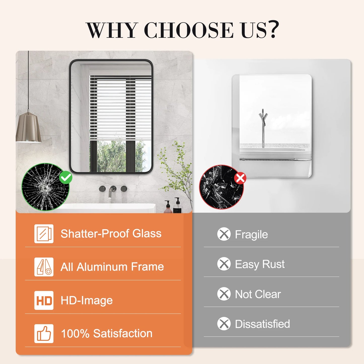 JHK Matte Metal Framed Bathroom Mirror Rectangular With Rounded Corner
