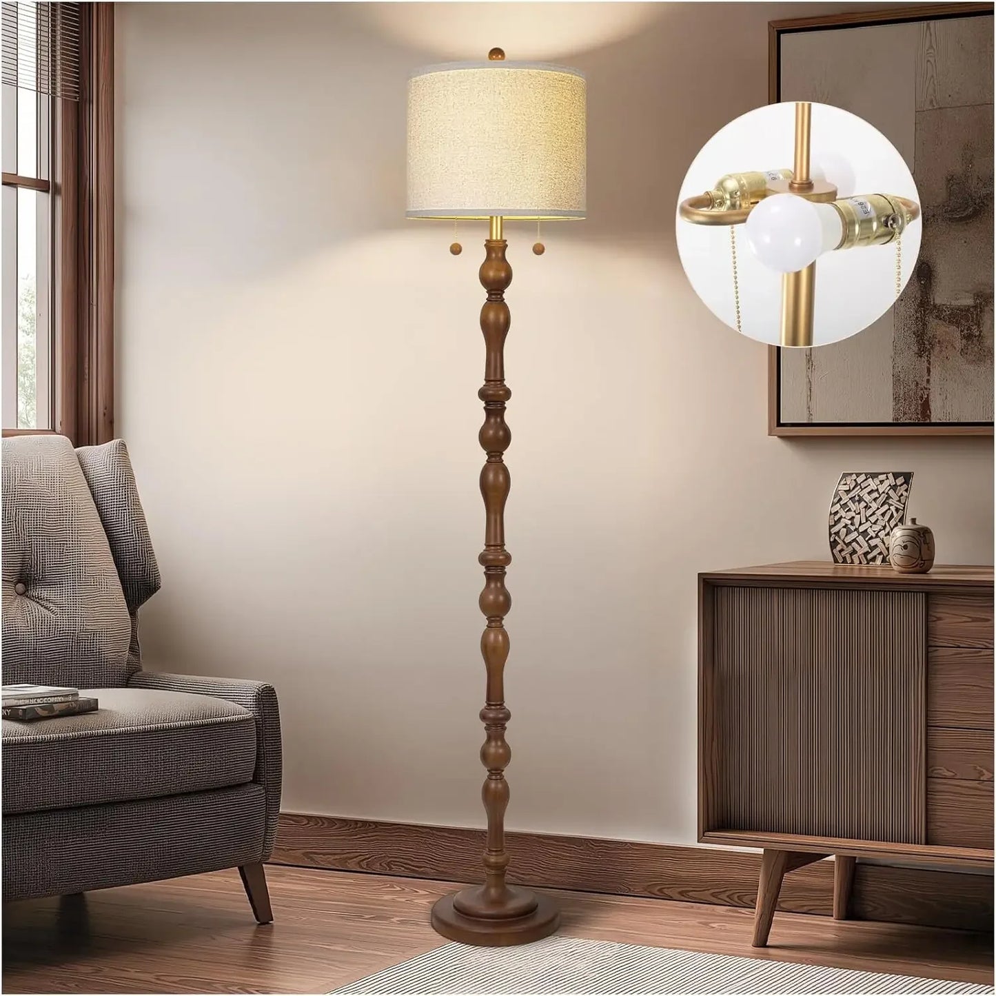 Natural Real Wood Floor Lamp With S Cluster Pull Chains