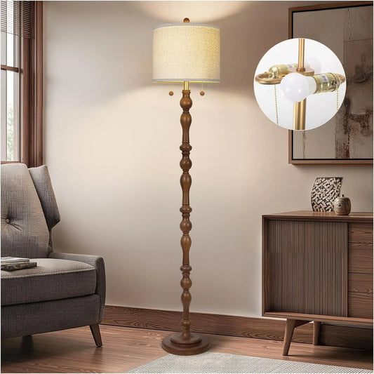 Natural Real Wood Floor Lamp With S Cluster Pull Chains