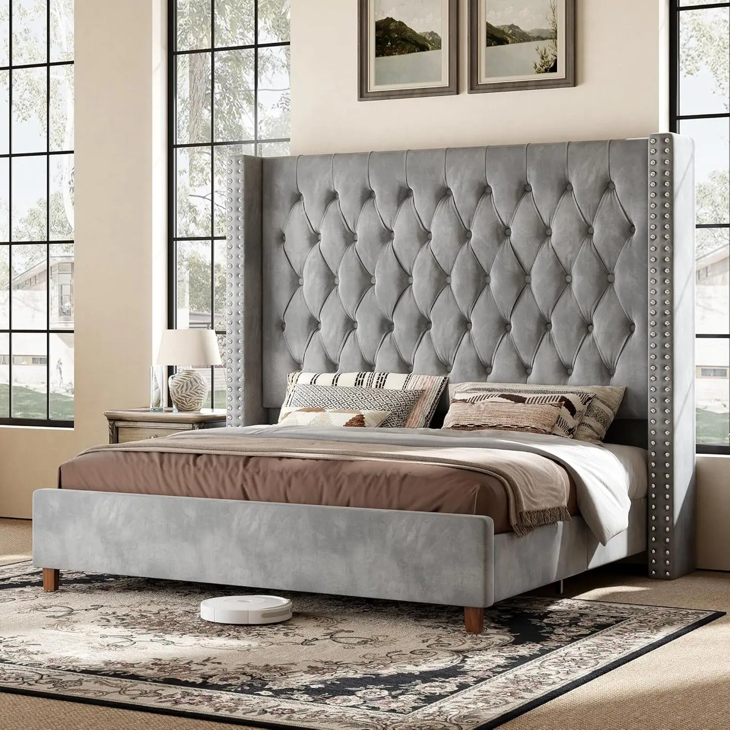 Velvet Platform Bed Frame With Tufted Headboard No Box Spring