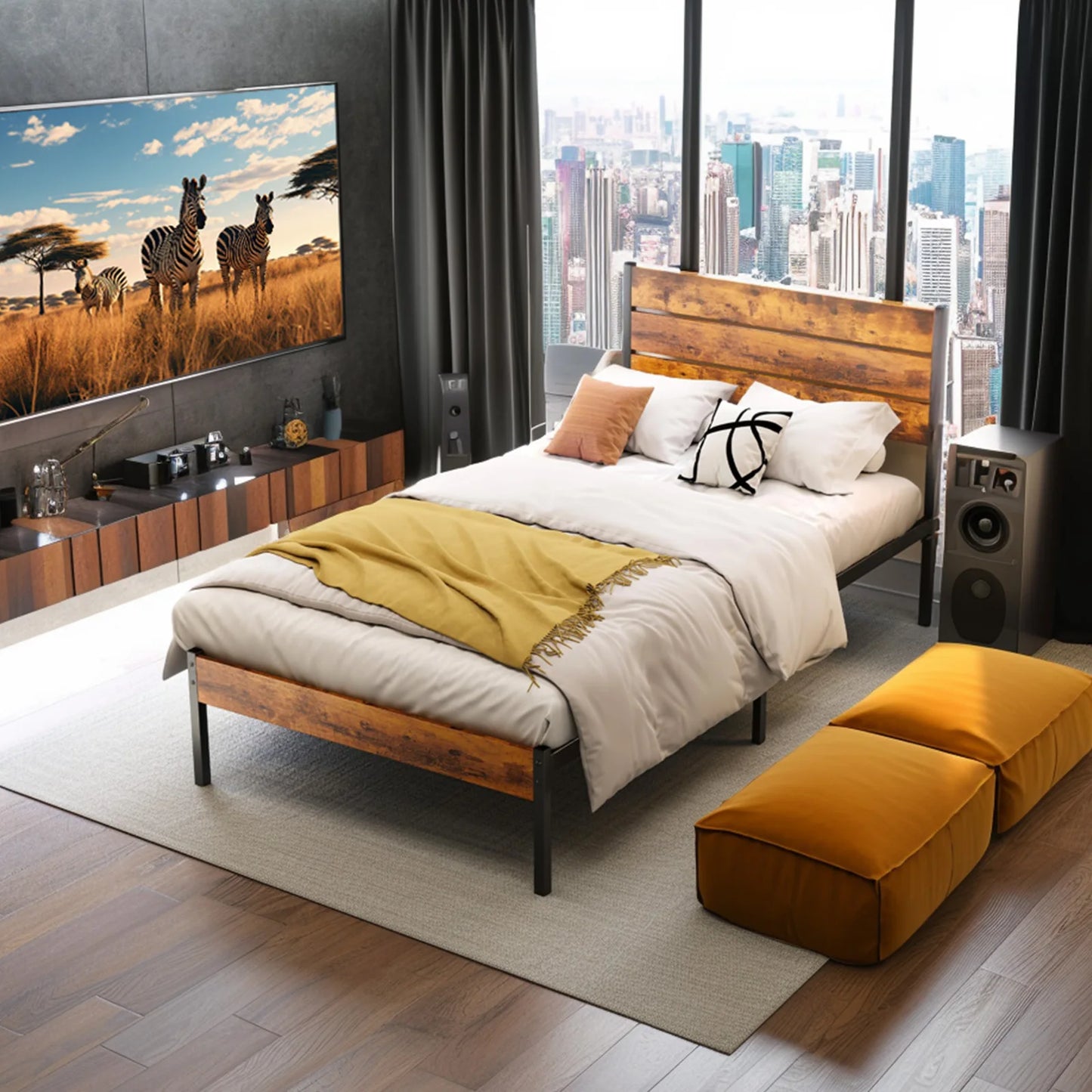 JHK Metal Platform Bed Frame With Headboard And Footboard Sturdy Slats