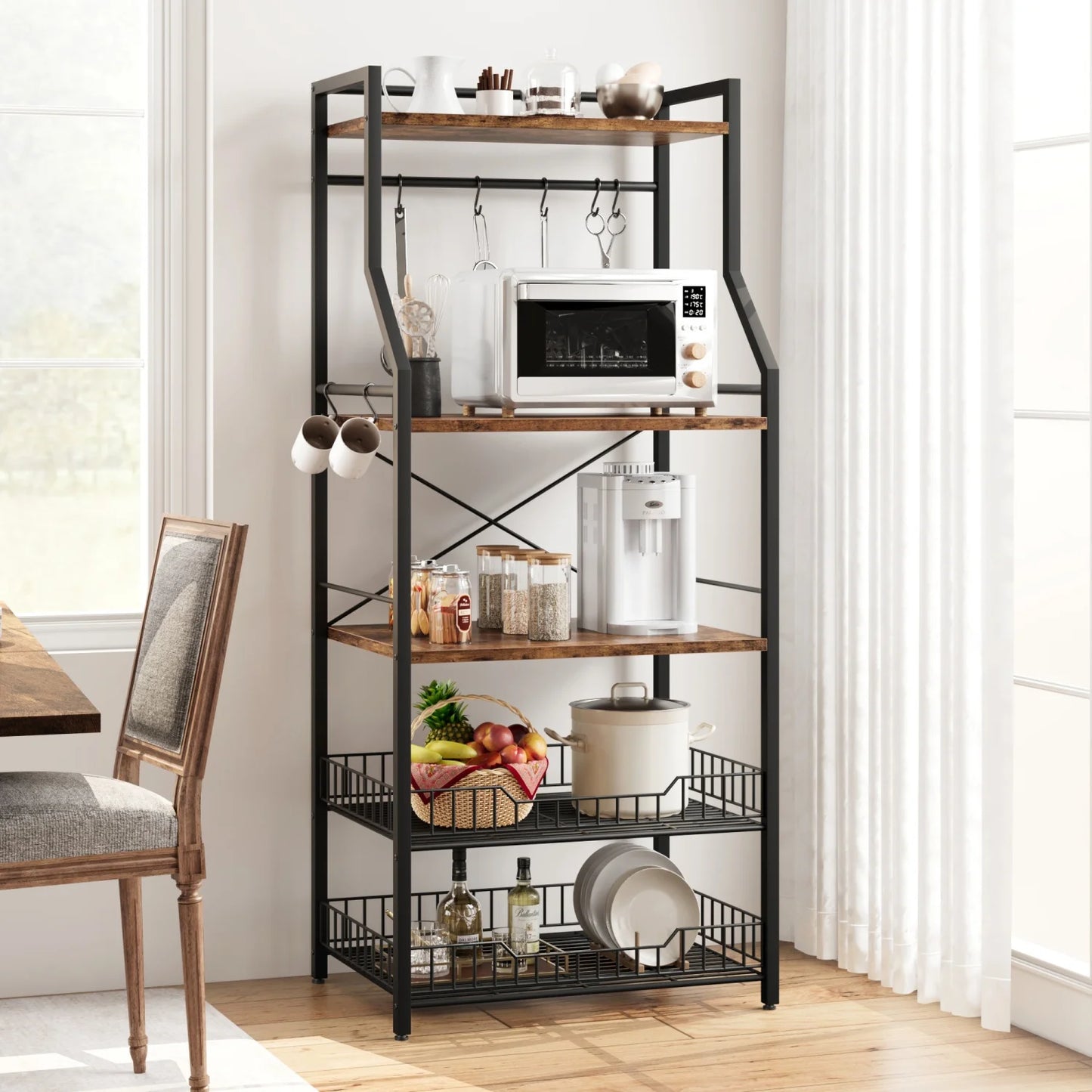 HiMISS Kitchen Bakers Rack Microwave Stand With Wire Baskets
