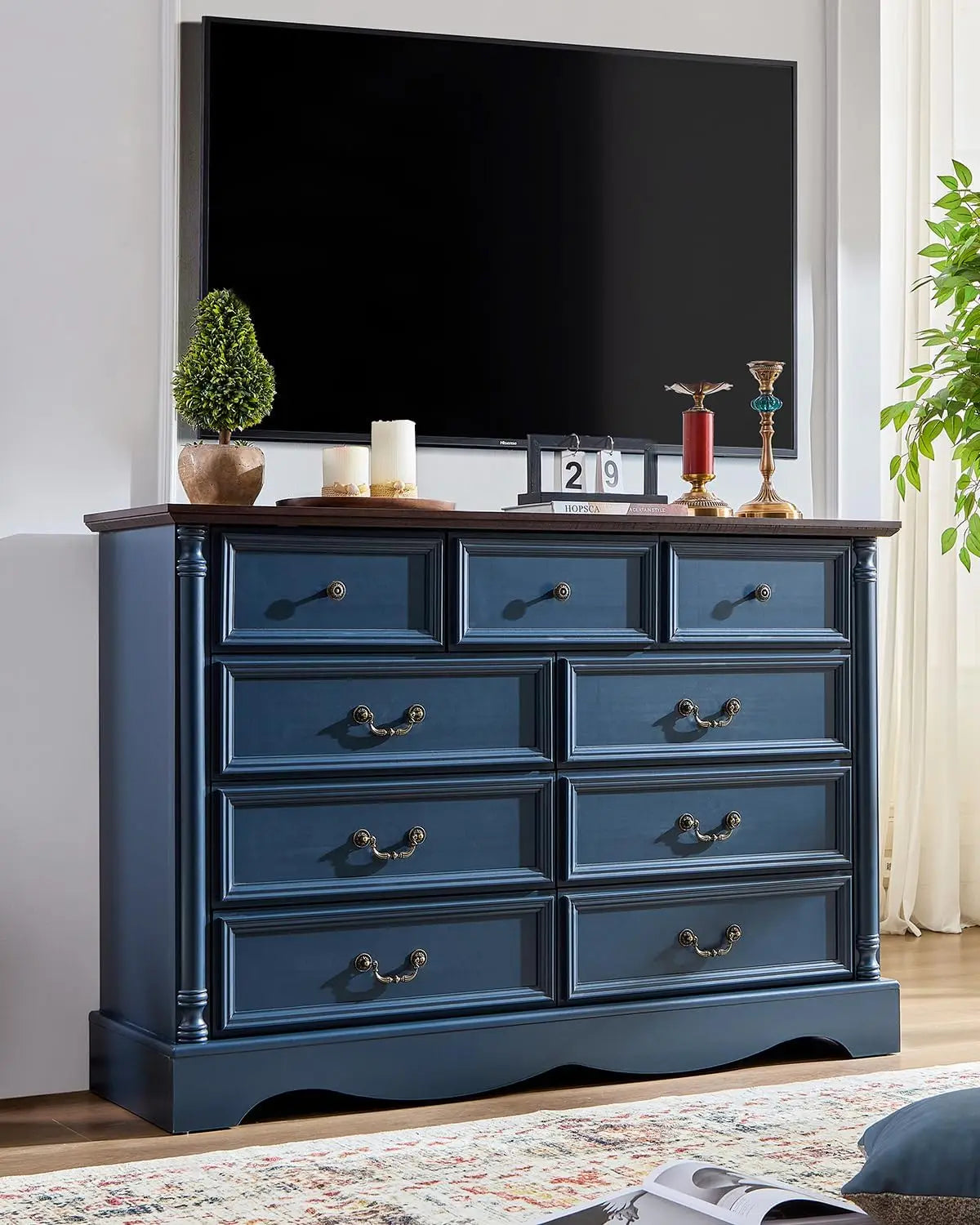 Farmhouse 9 Drawers Dresser for Bedroom with Charging Station, 54" Wide Wood Country Rustic Storage Dressers Organizer
