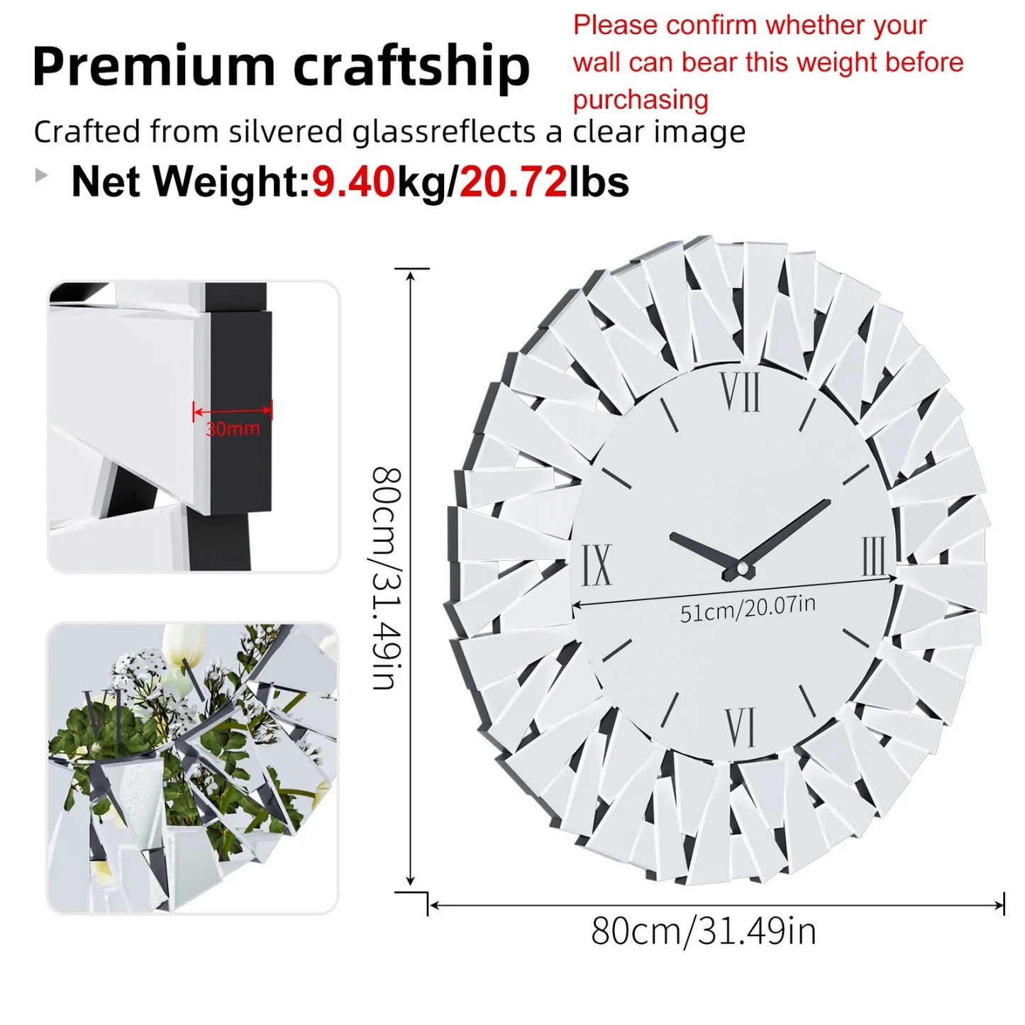 Wall Clock Round With Beveled Glass Edge And Mirrored Finish