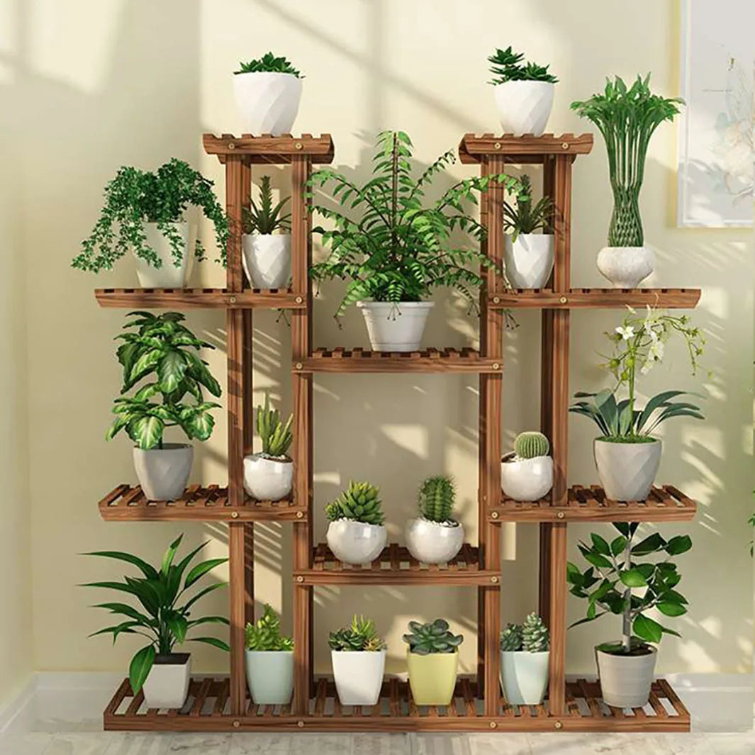 11 Tier Wood Plant Stand Carbonized Display Shelf Garden Decor