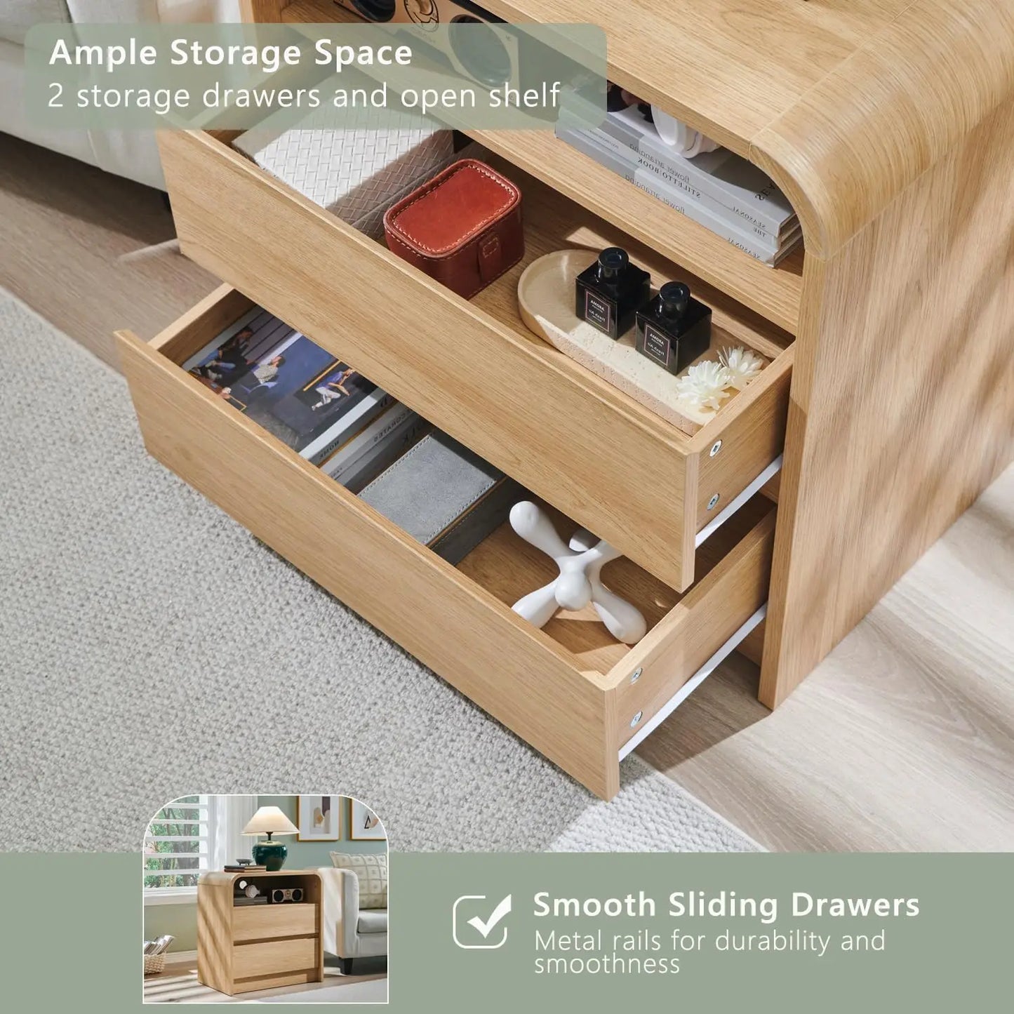 Modern Nightstands Set of 2 With Storage Drawers and Charging Station