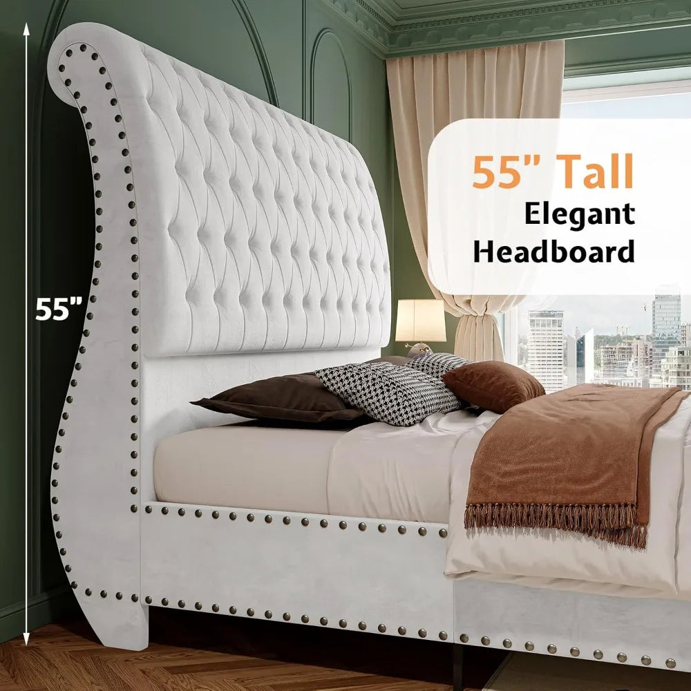 Velvet Upholstered Queen Bed Frame With Tufted Headboard And Footboard