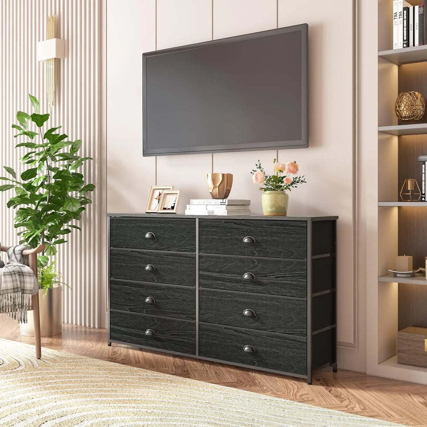 Wide Dresser with 8 Fabric Drawers, TV Entertainment Center with Storage for 55'' TV, Large Chest of Drawers for, Customized